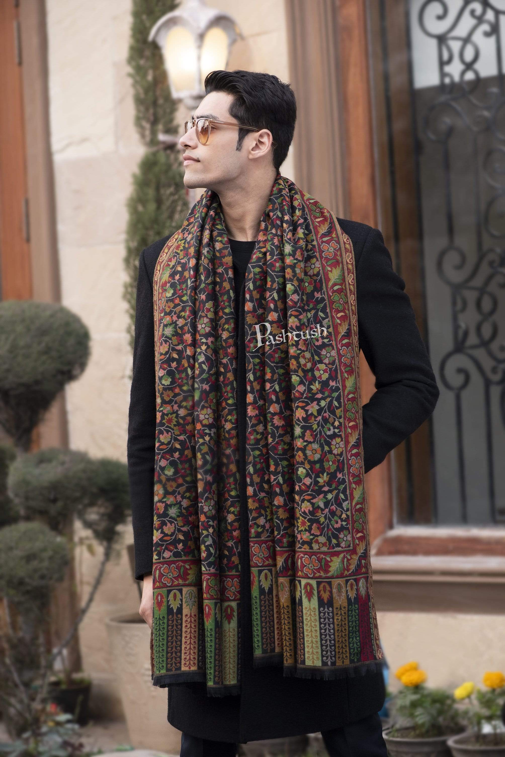 Pashtush Mens Ethnic Stole, Faux Pashmina, Soft And Warm, Black - Image 5