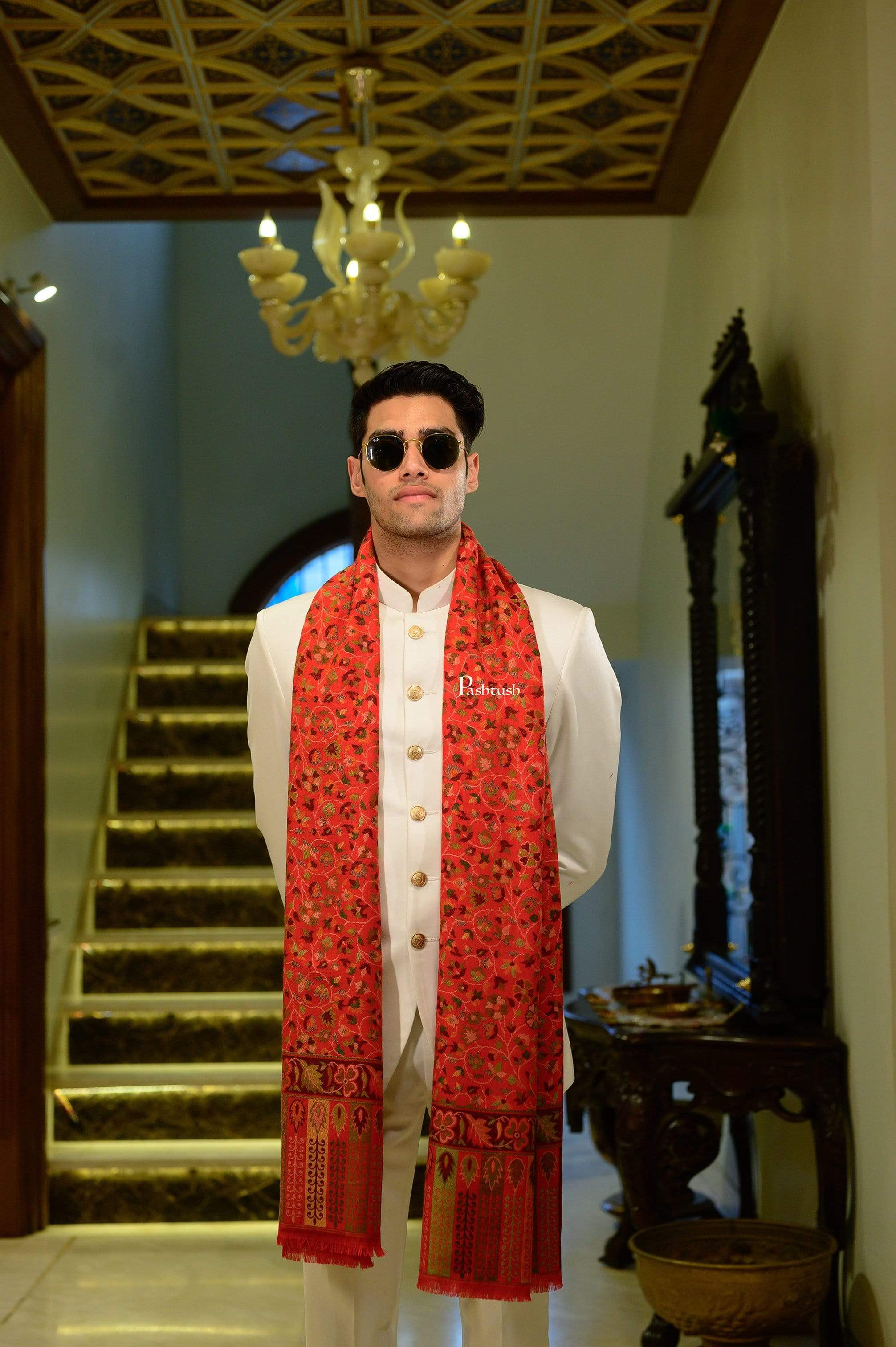 Pashtush Mens Ethnic Stole, Faux Pashmina Stole, Soft And Warm (Red) - Image 5