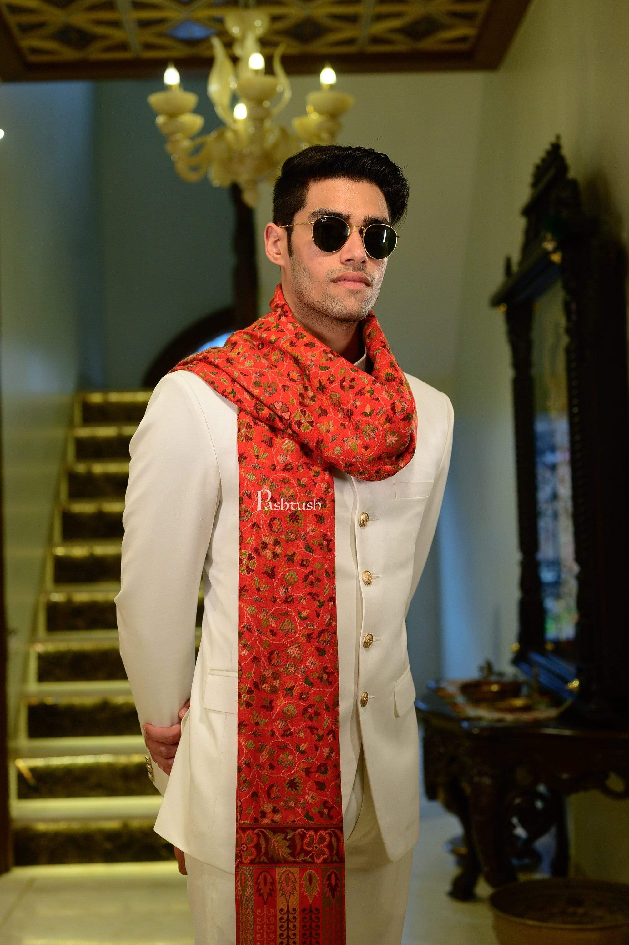 Pashtush Mens Ethnic Stole, Faux Pashmina Stole, Soft And Warm (Red) - Image 8