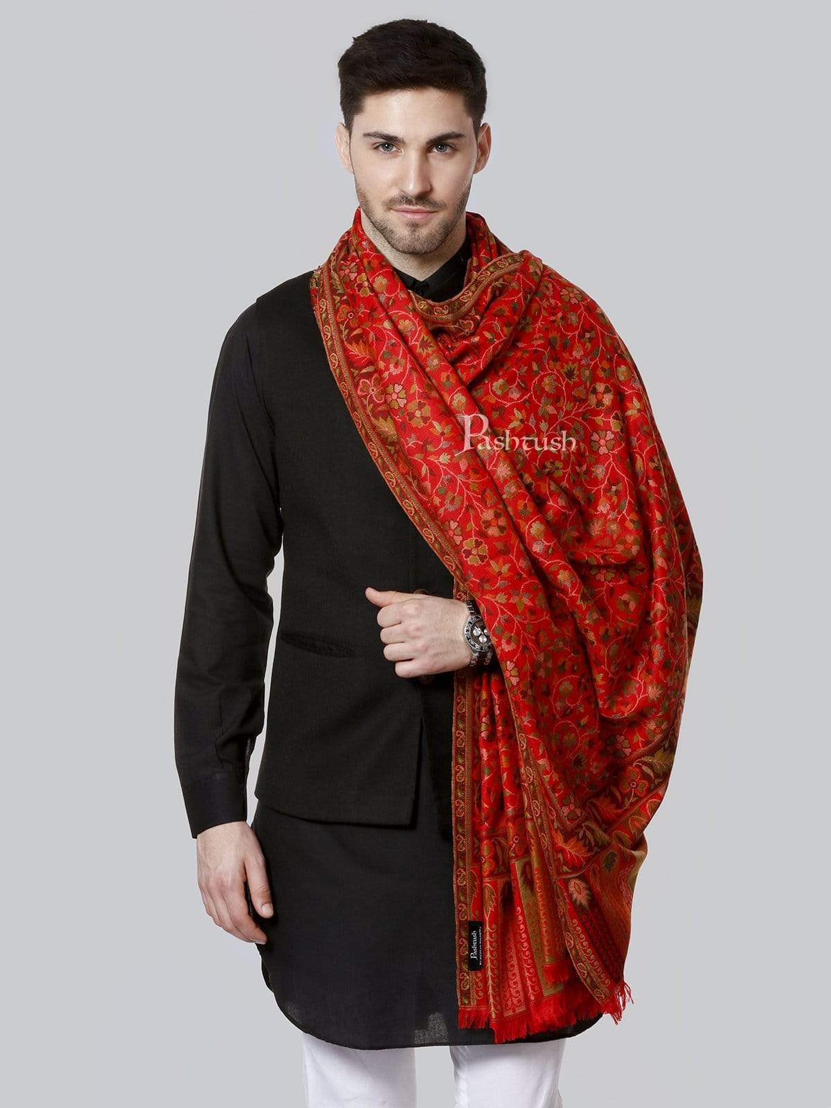 Pashtush Mens Ethnic Stole, Faux Pashmina Stole, Soft And Warm (Red) - Image 3