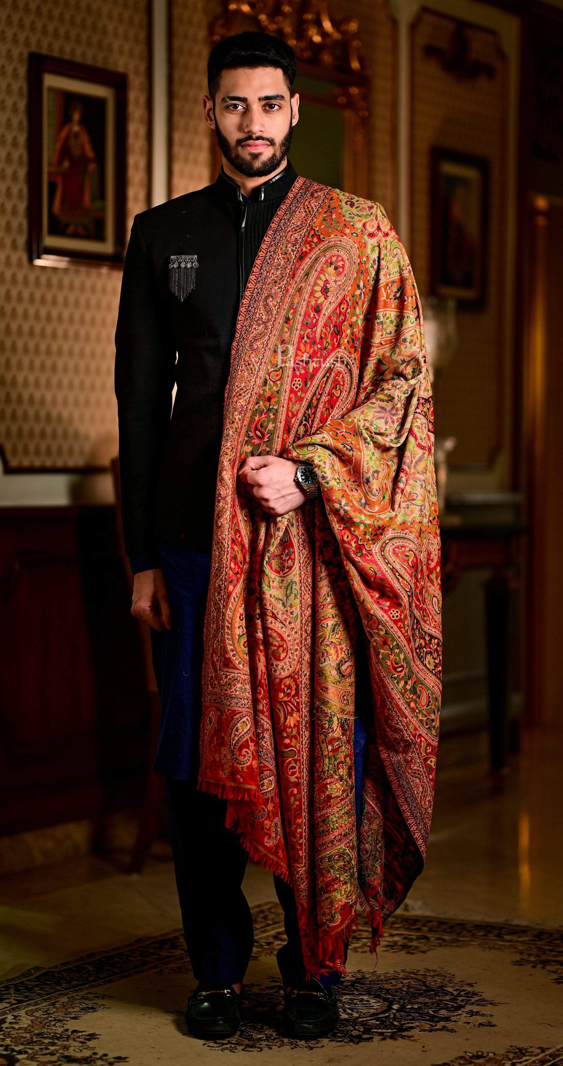 Pashtush Mens Ethnic Weave Stole, Rich Garden, Red And Beige - Image 5