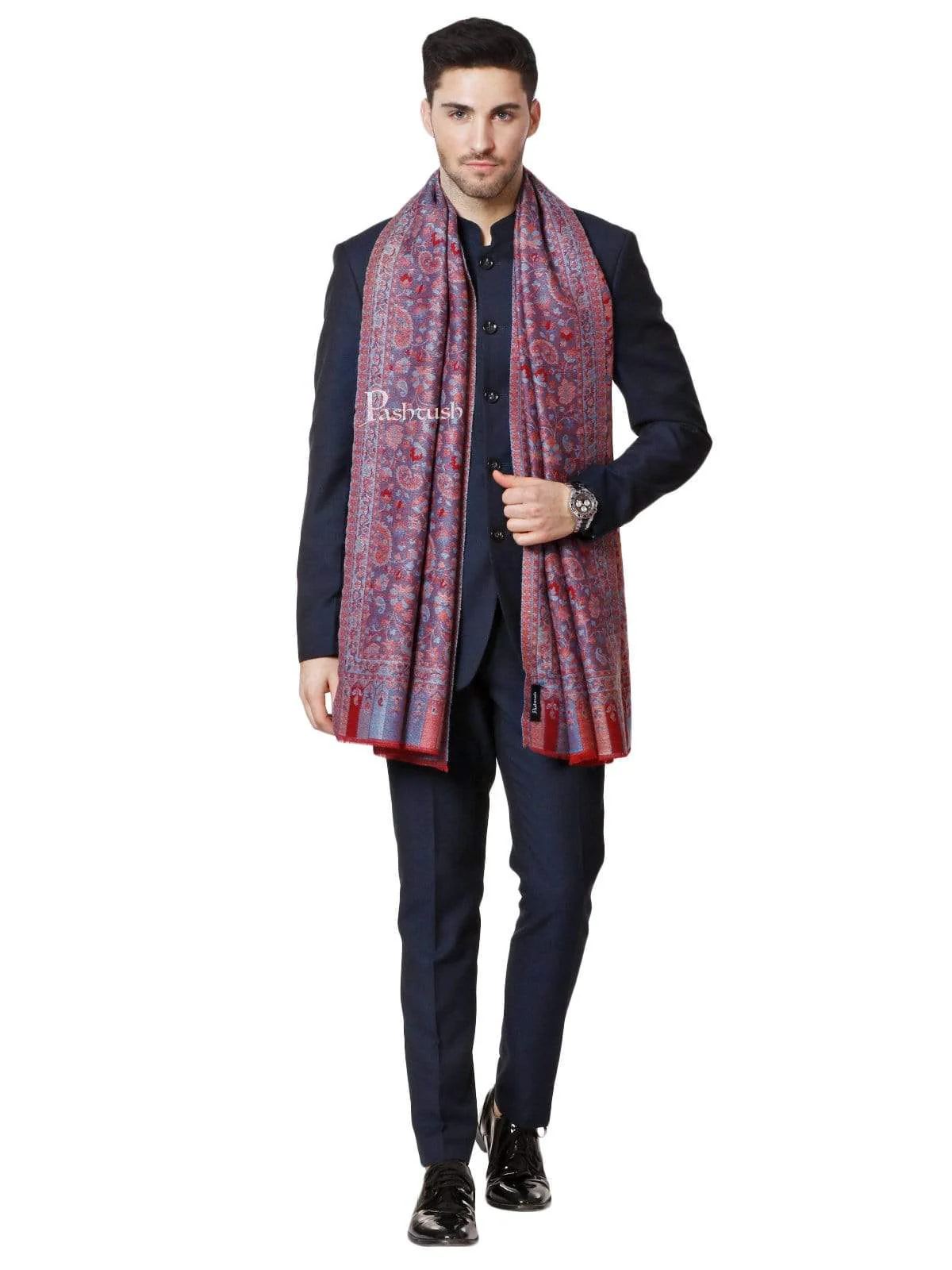 Pashtush Mens Ethnic Weave Stole, Fine Wool, Reversible, Azure