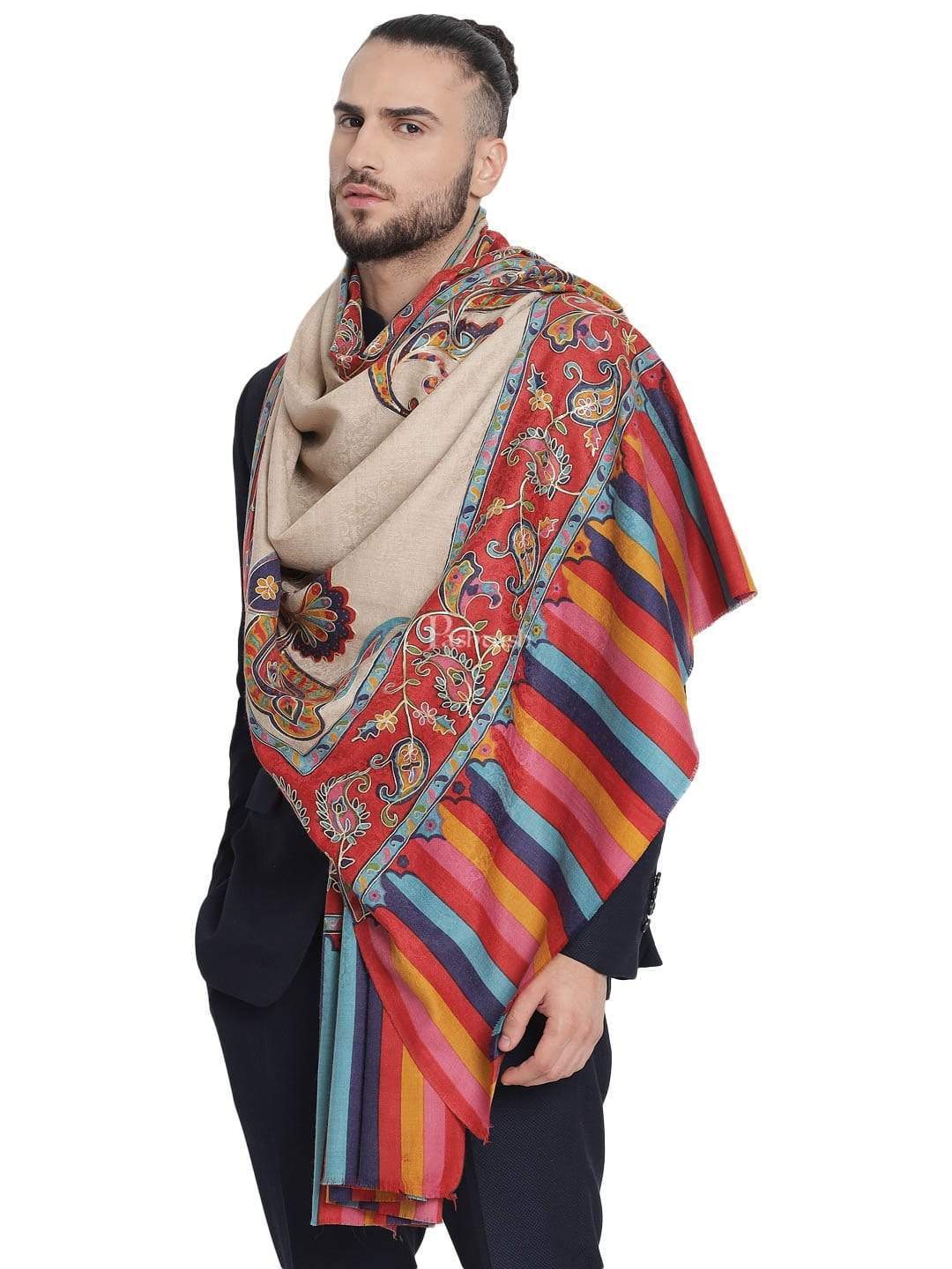 Pashtush Mens Kalamkari Embroidery Shawl, Fine Wool Shawls, Medium - Image 5