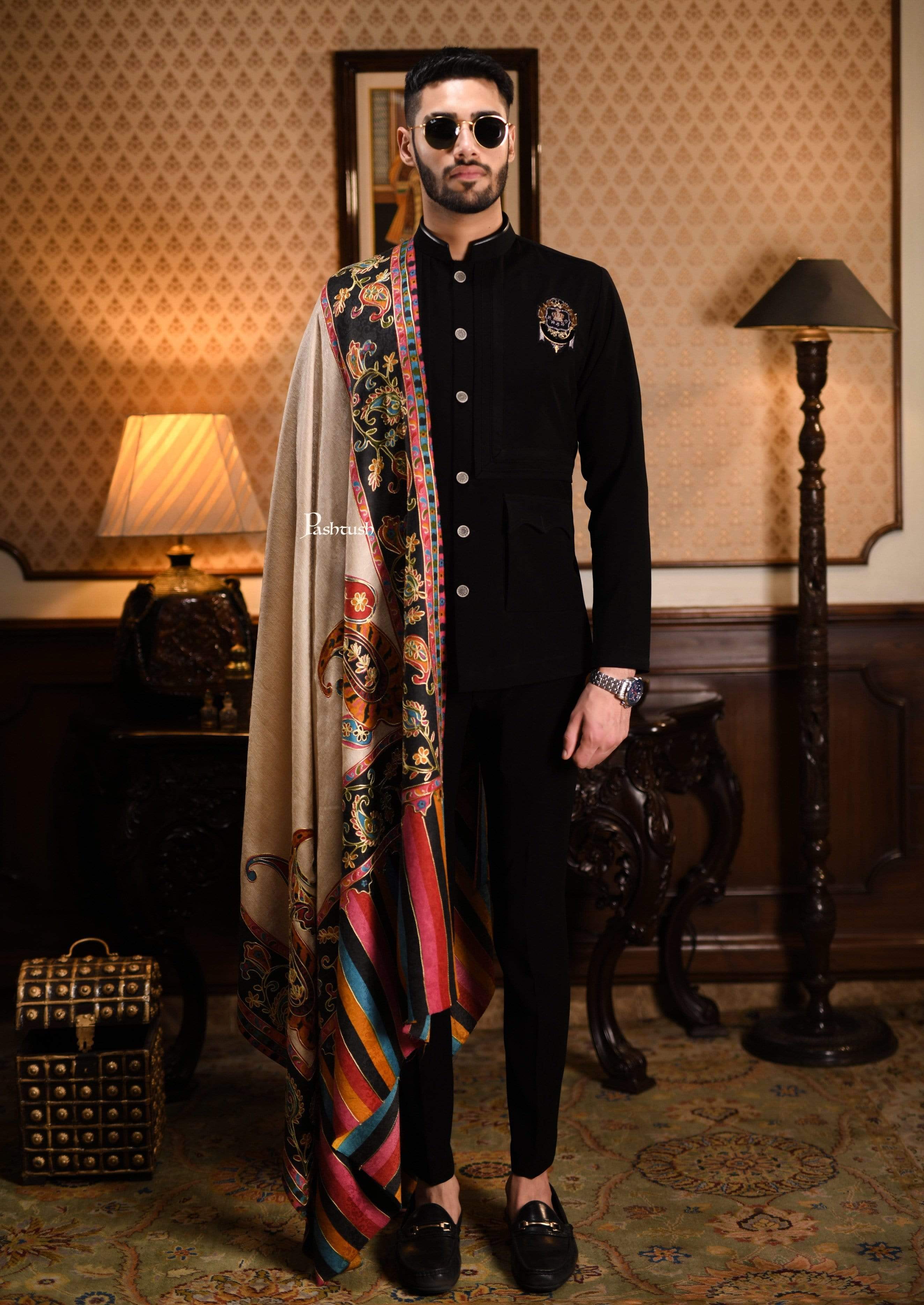 Pashtush Mens Kalamkari Embroidery Shawl, Gents Fine Wool Shawls, Medium - Image 10