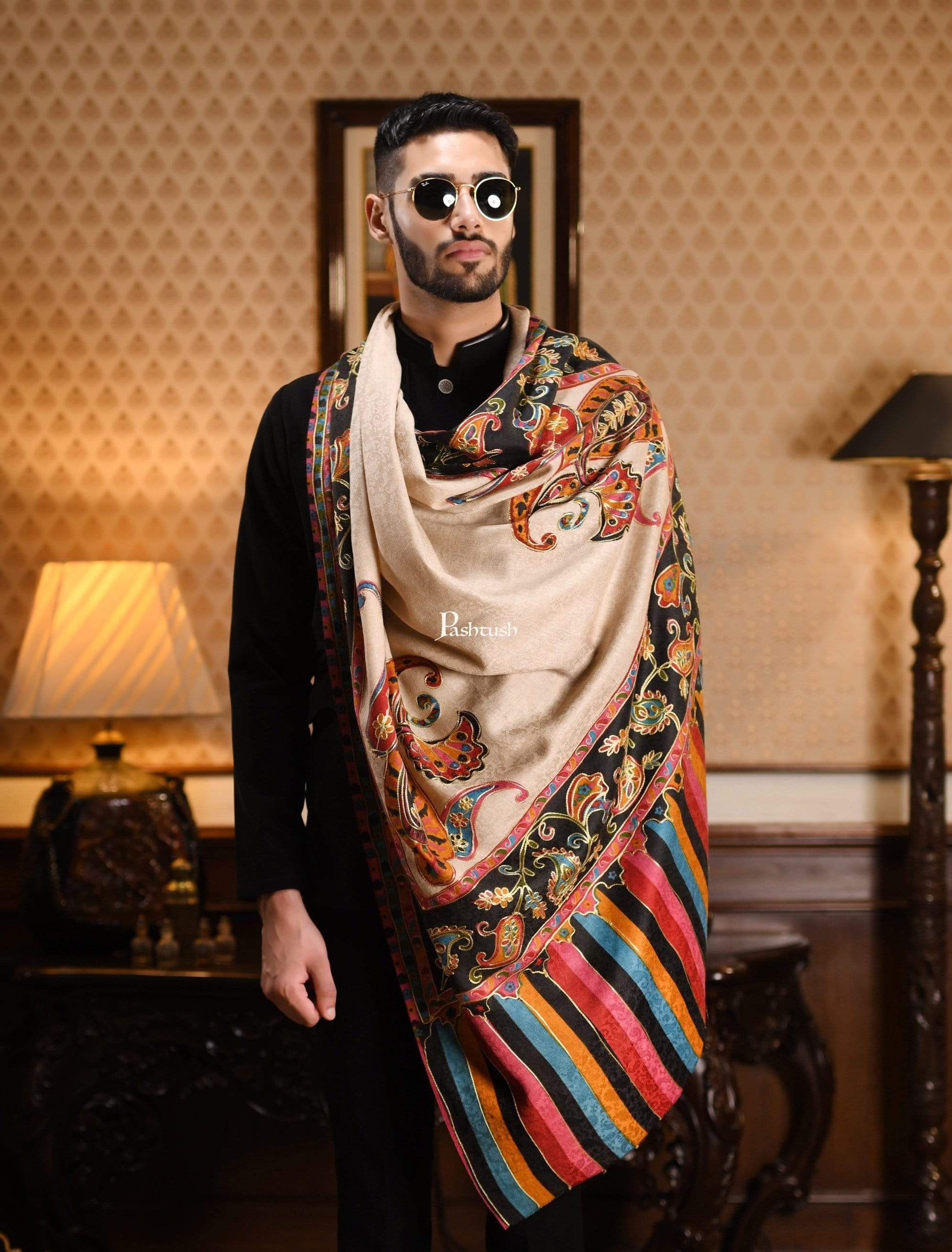 Pashtush Mens Kalamkari Embroidery Shawl, Gents Fine Wool Shawls, Medium - Image 3