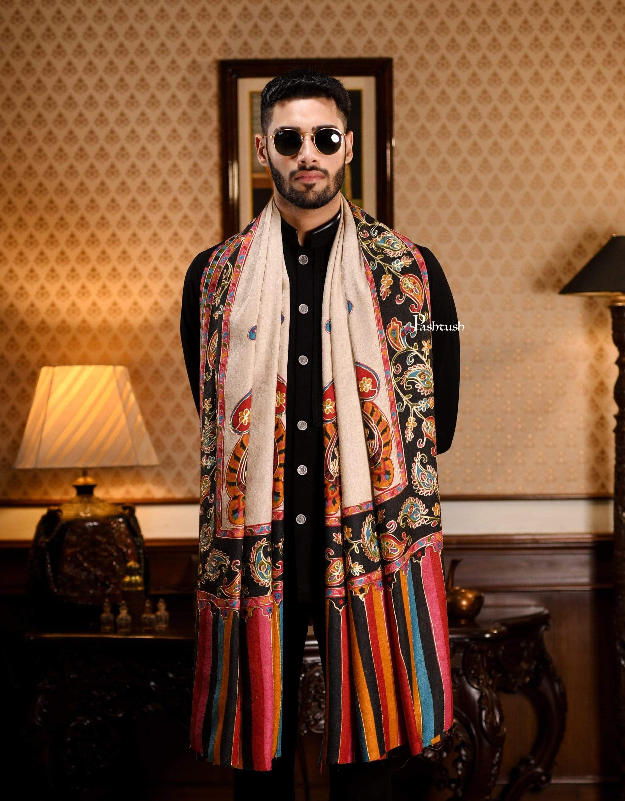 Pashtush Mens Kalamkari Embroidery Shawl, Gents Fine Wool Shawls, Medium - Image 4