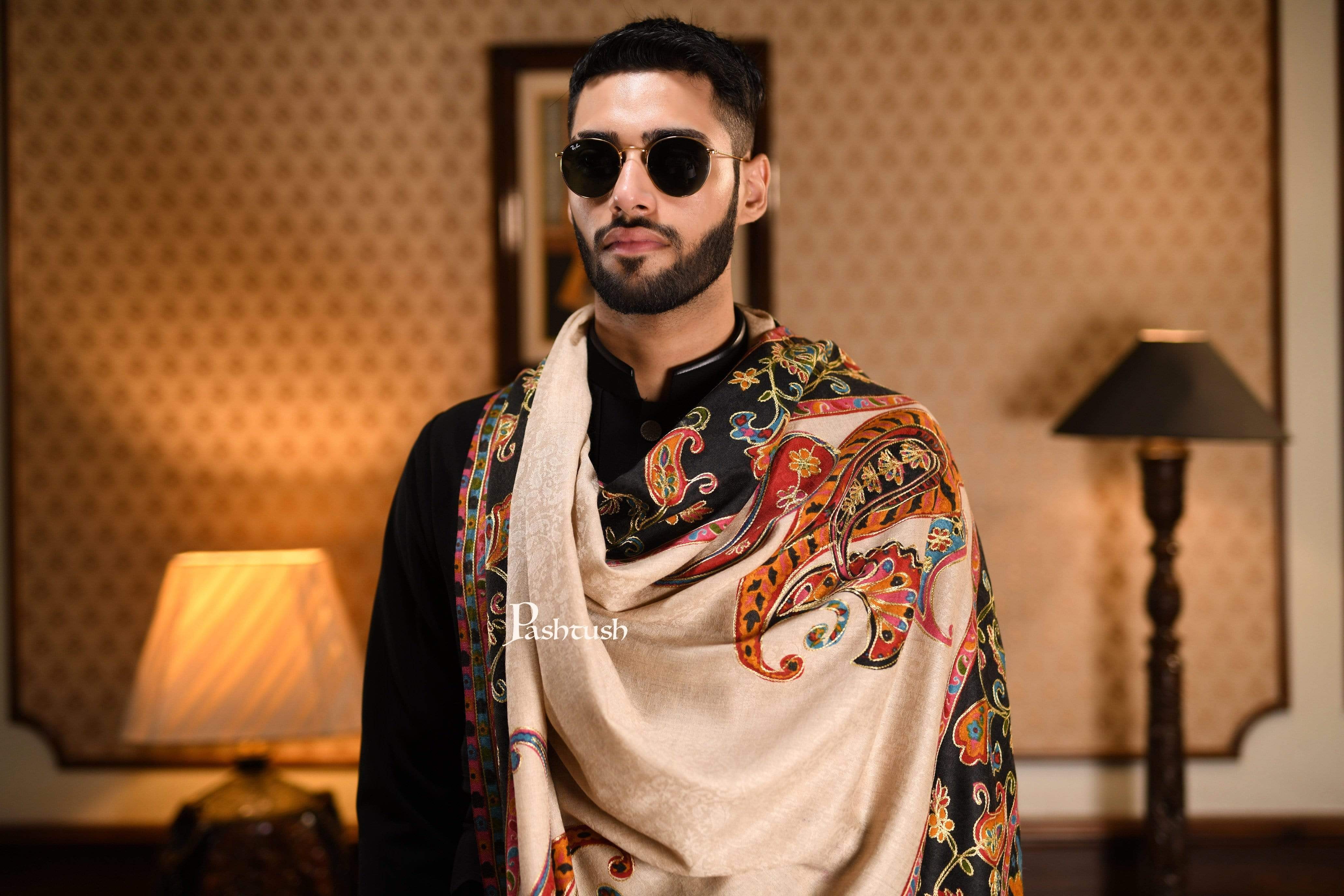 Pashtush Mens Kalamkari Embroidery Shawl, Gents Fine Wool Shawls, Medium - Image 8