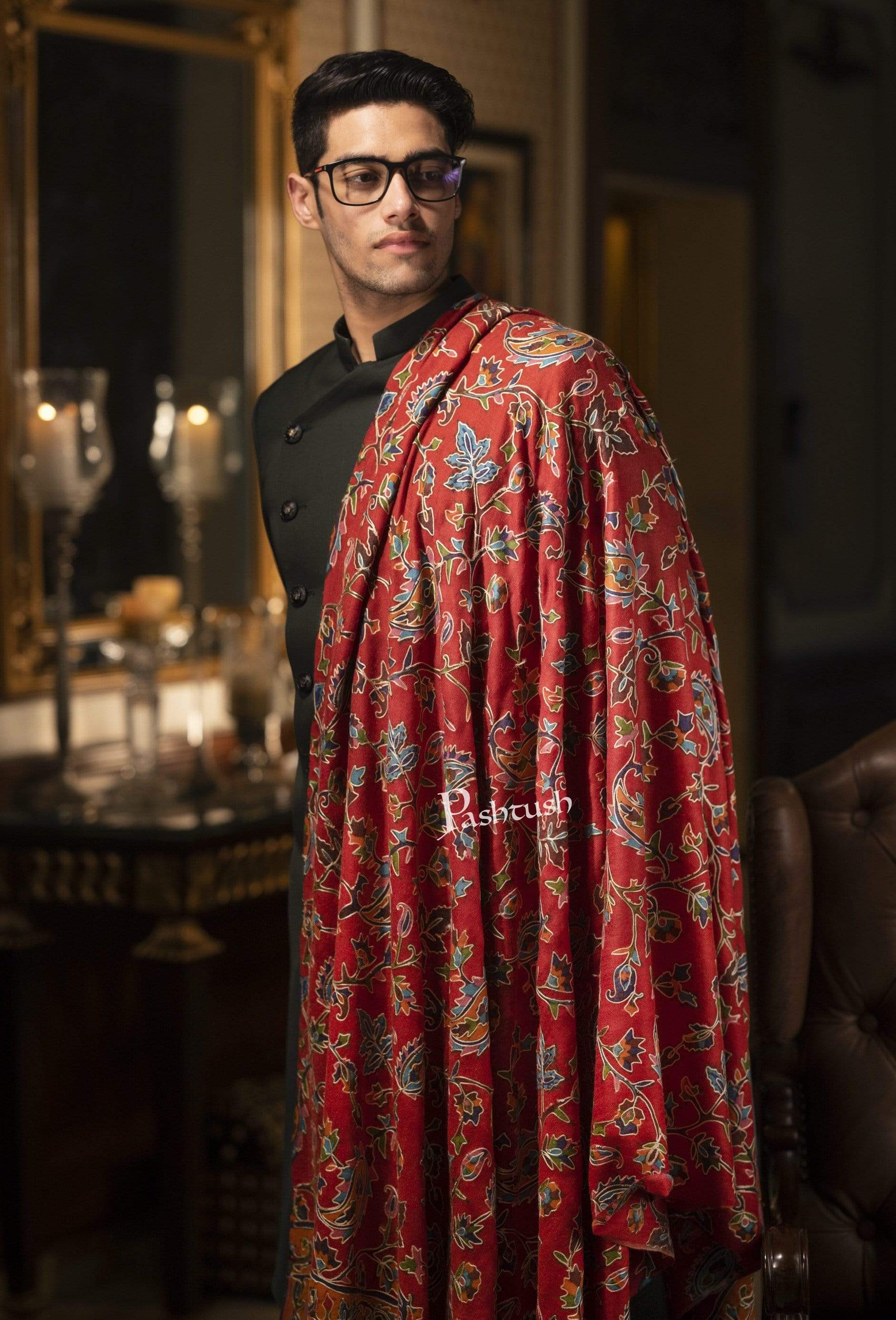 Pashtush Mens Kalamkari Embroidery Shawl, Gents Shawls, Medium - Image 5