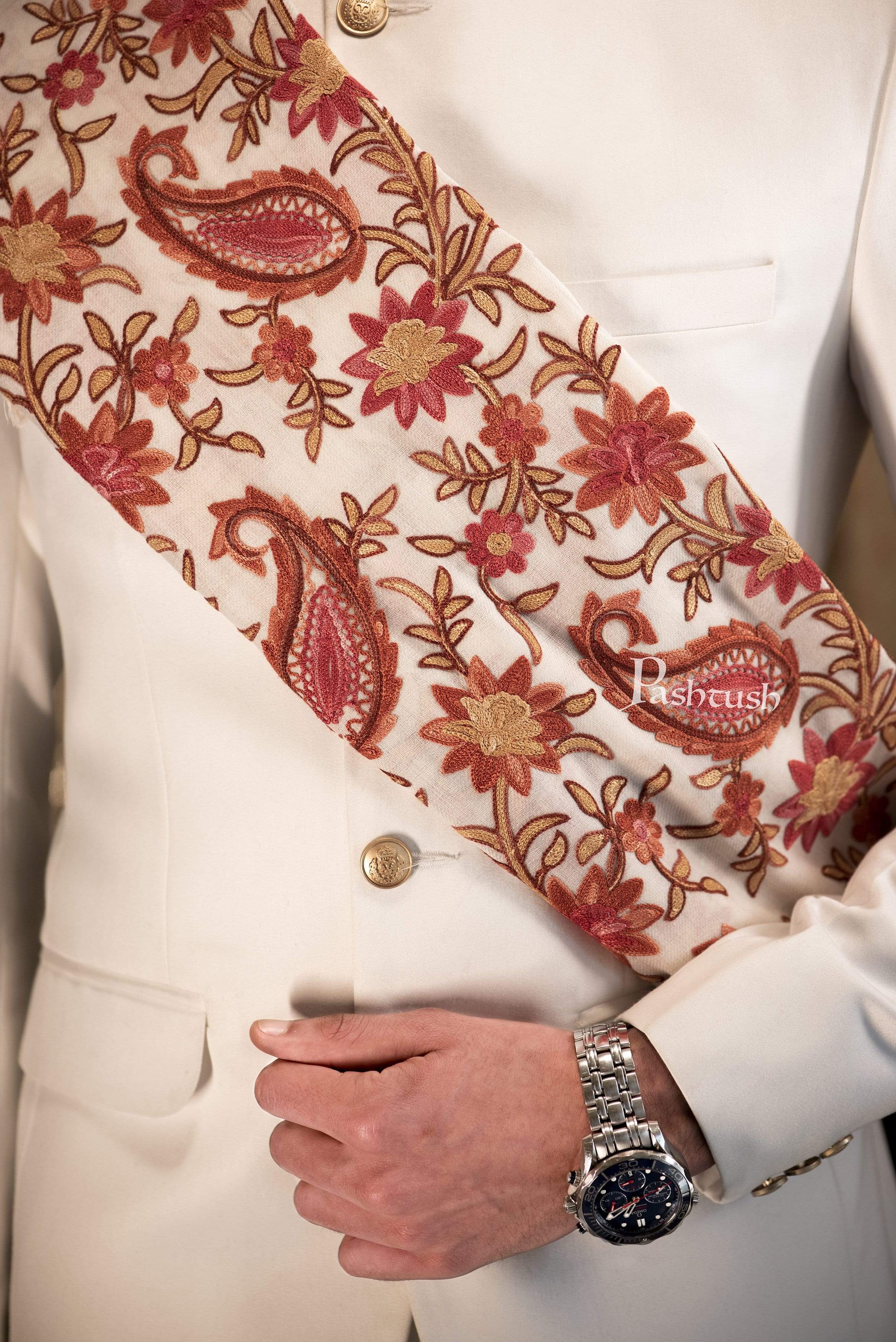 Pashtush Mens Aari Embroidery Stole, Fine Wool, White - Image 10