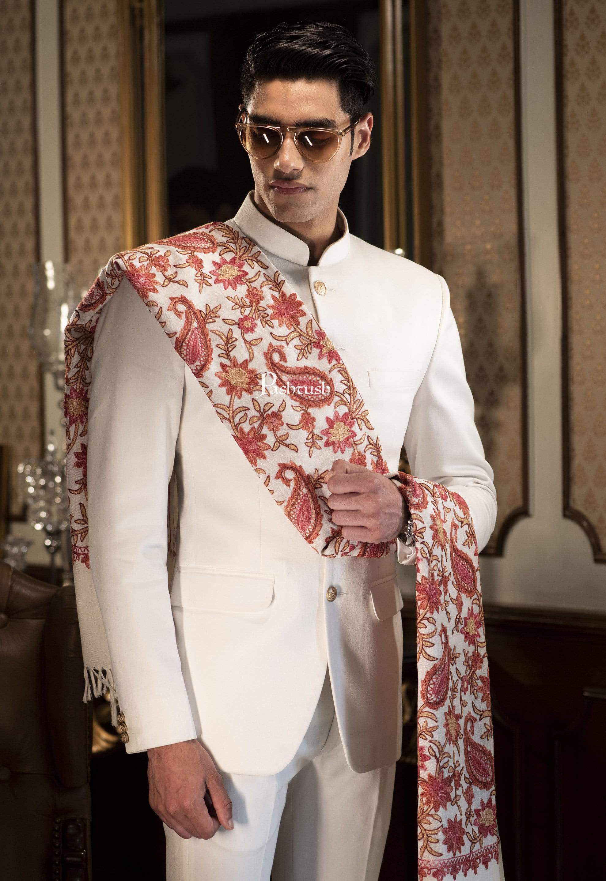 Pashtush Mens Aari Embroidery Stole, Fine Wool, White - Image 4