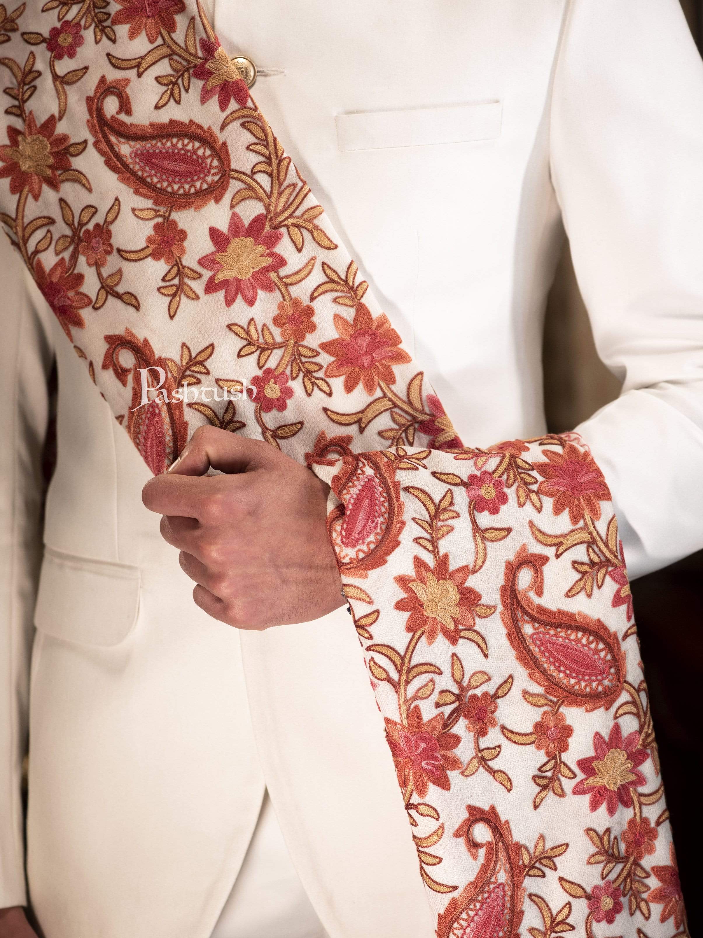 Pashtush Mens Aari Embroidery Stole, Fine Wool, White - Image 6