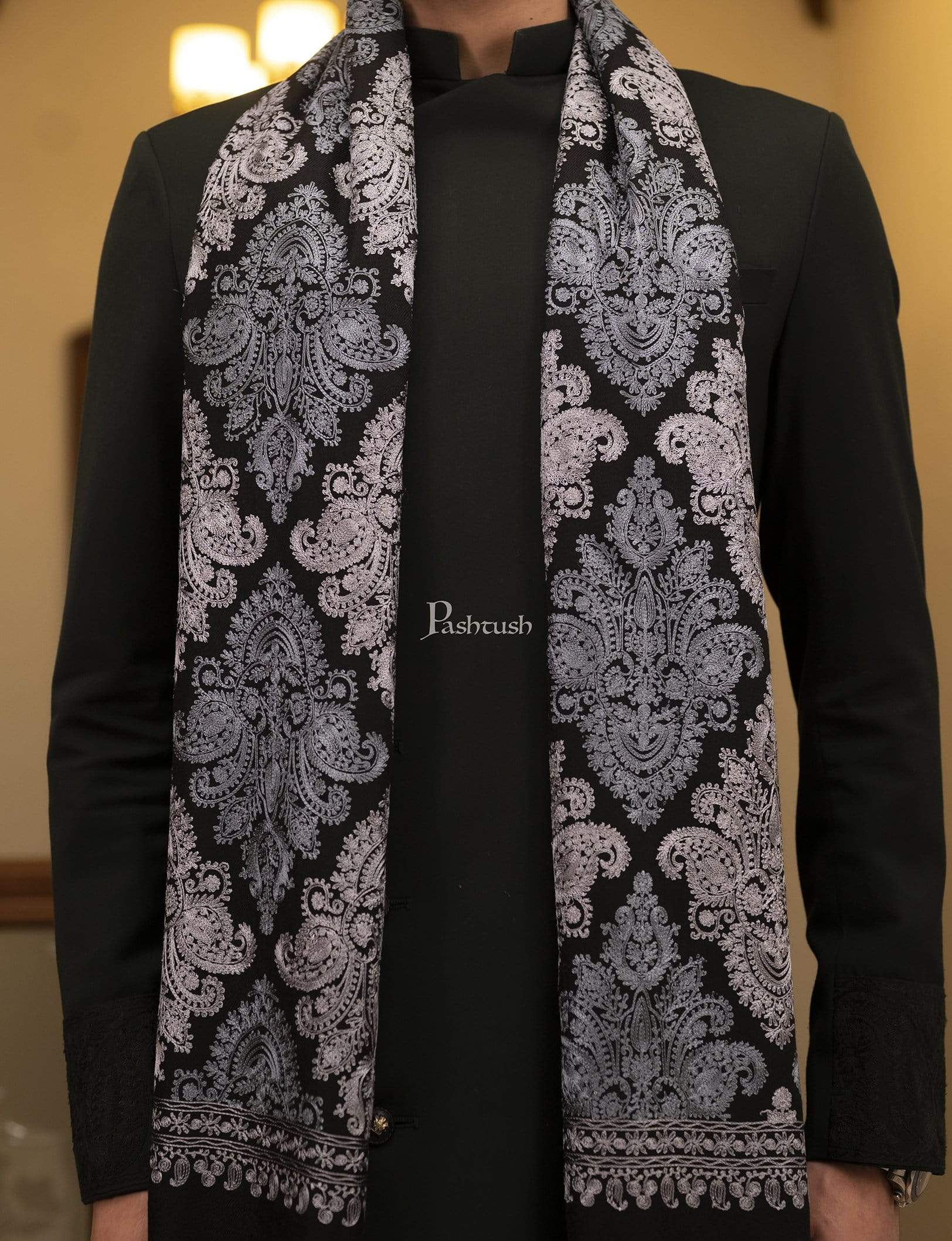 Pashtush Mens, Embroidery Needlework Shawl, Fine Wool, Black