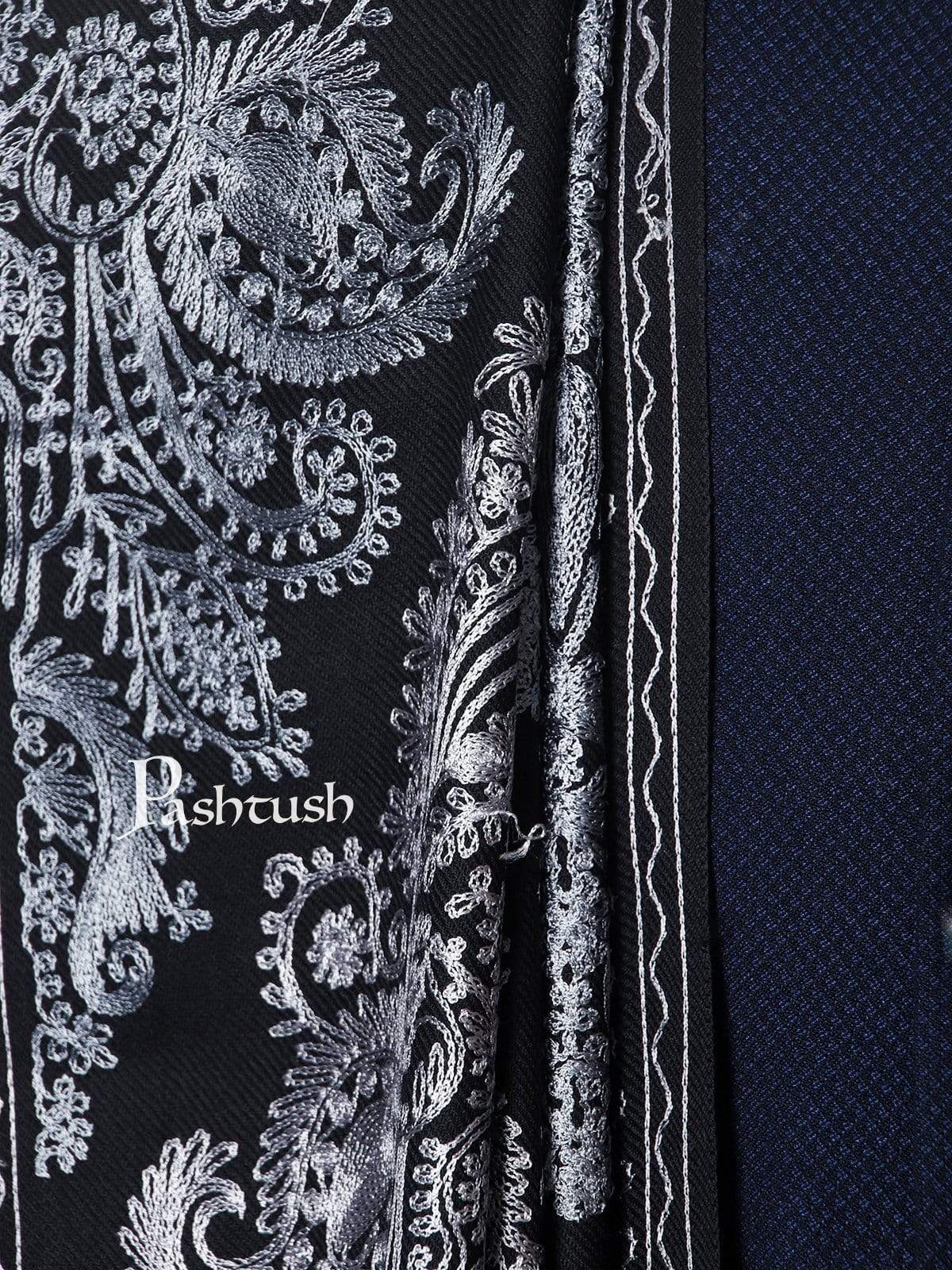 Pashtush Mens, Embroidery Needlework Shawl, Fine Wool, Black - Image 4