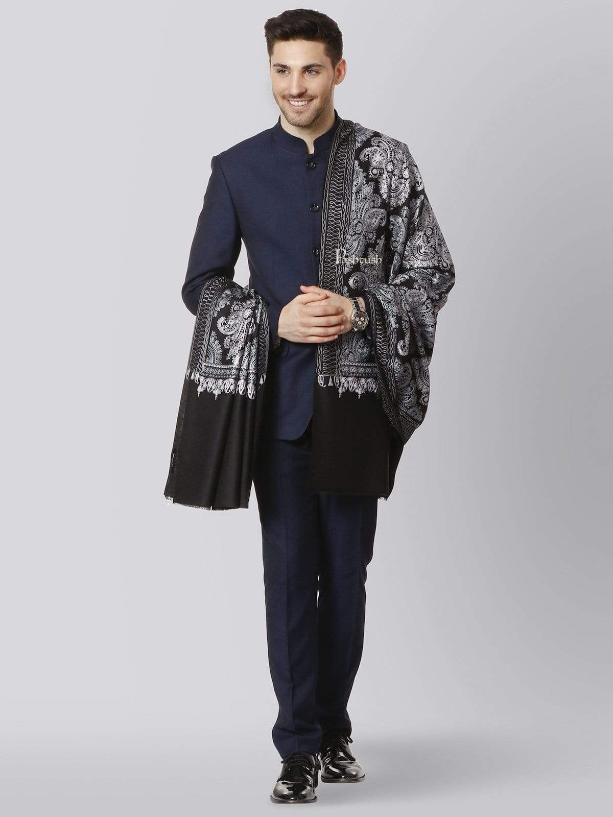 Pashtush Mens, Embroidery Needlework Shawl, Fine Wool, Black - Image 5
