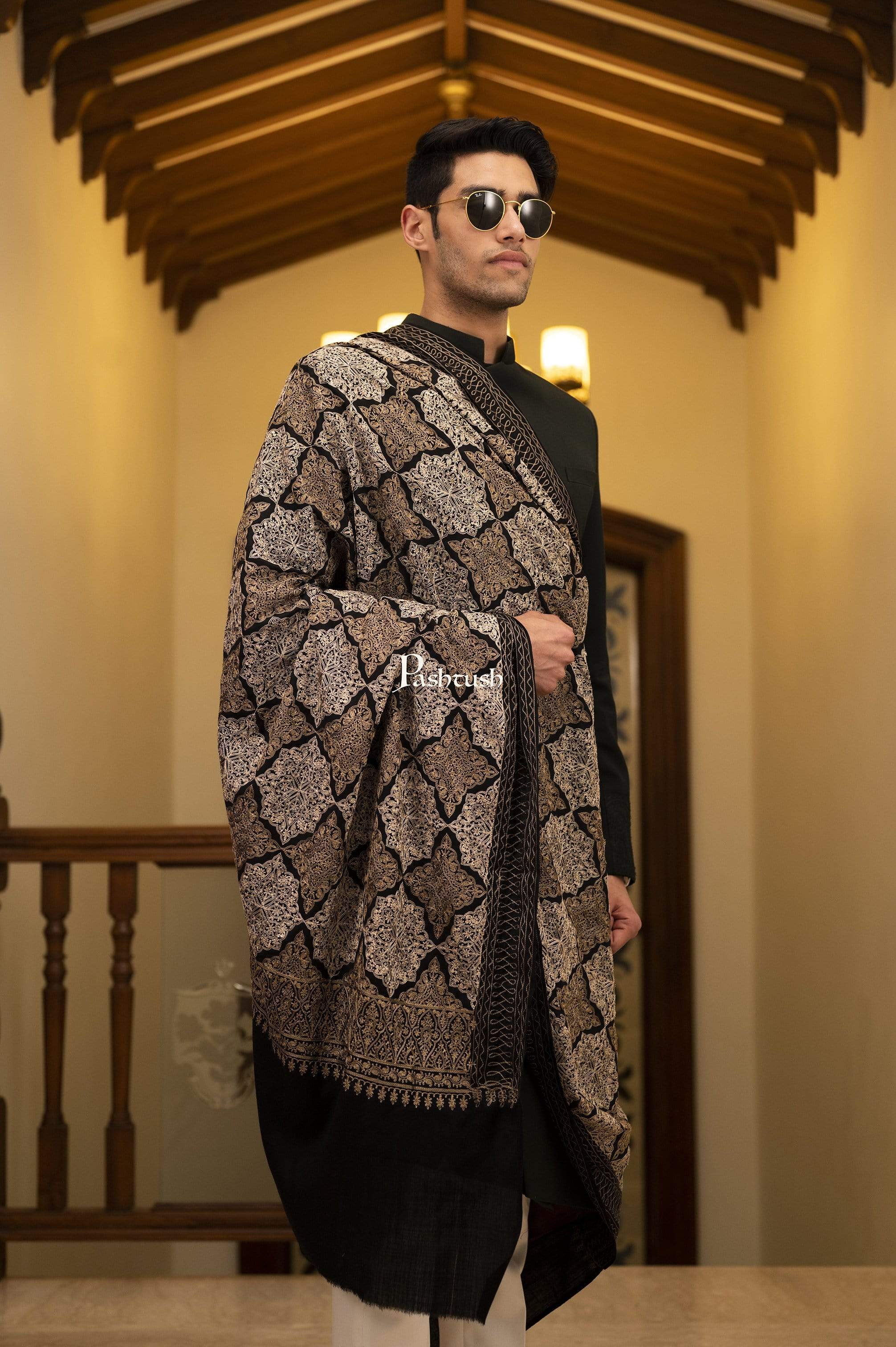 Pashtush Mens Embroidery Shawl, Light Weight, Fine Wool, Black