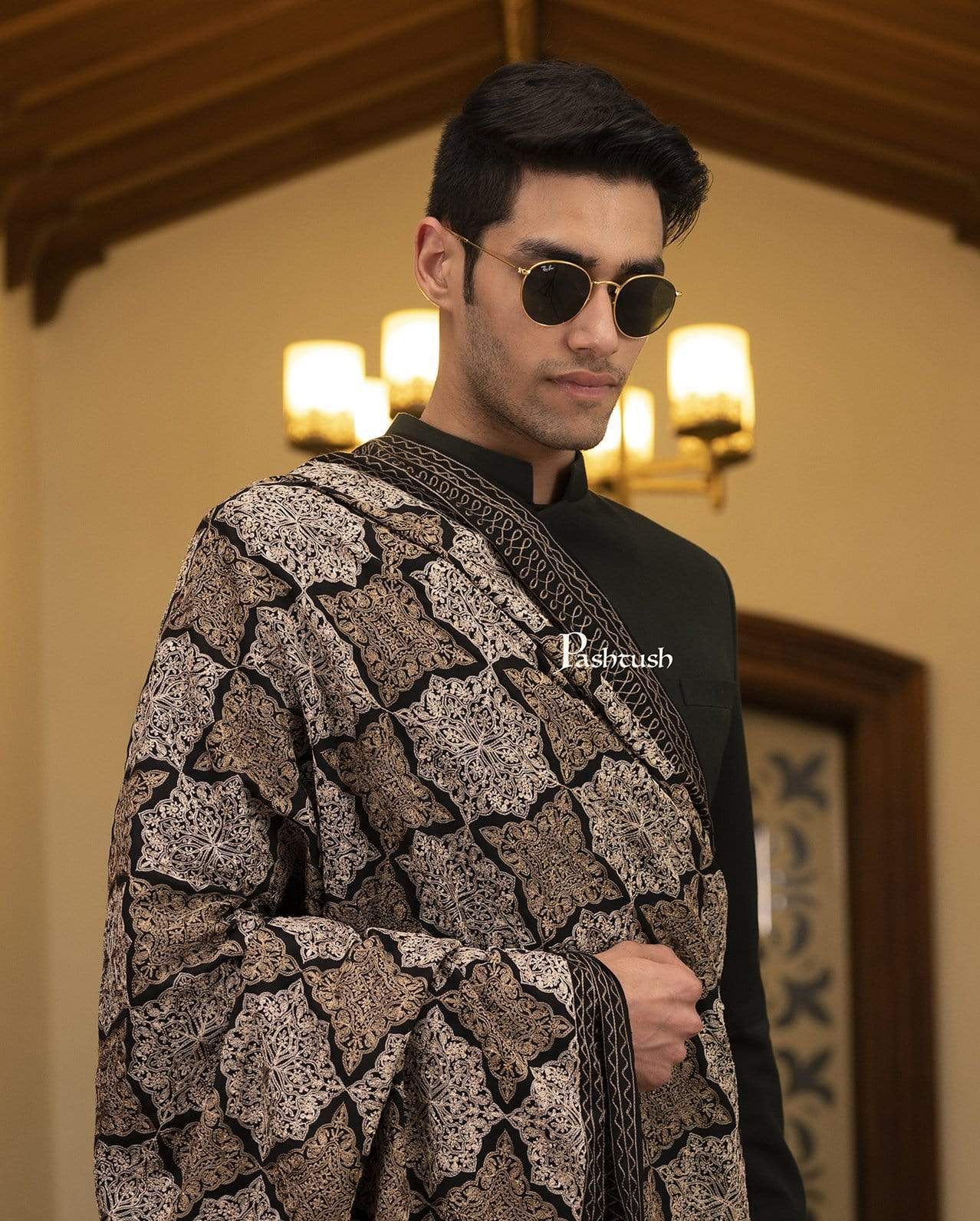 Pashtush Mens Embroidery Shawl, Light Weight, Fine Wool, Black - Image 3