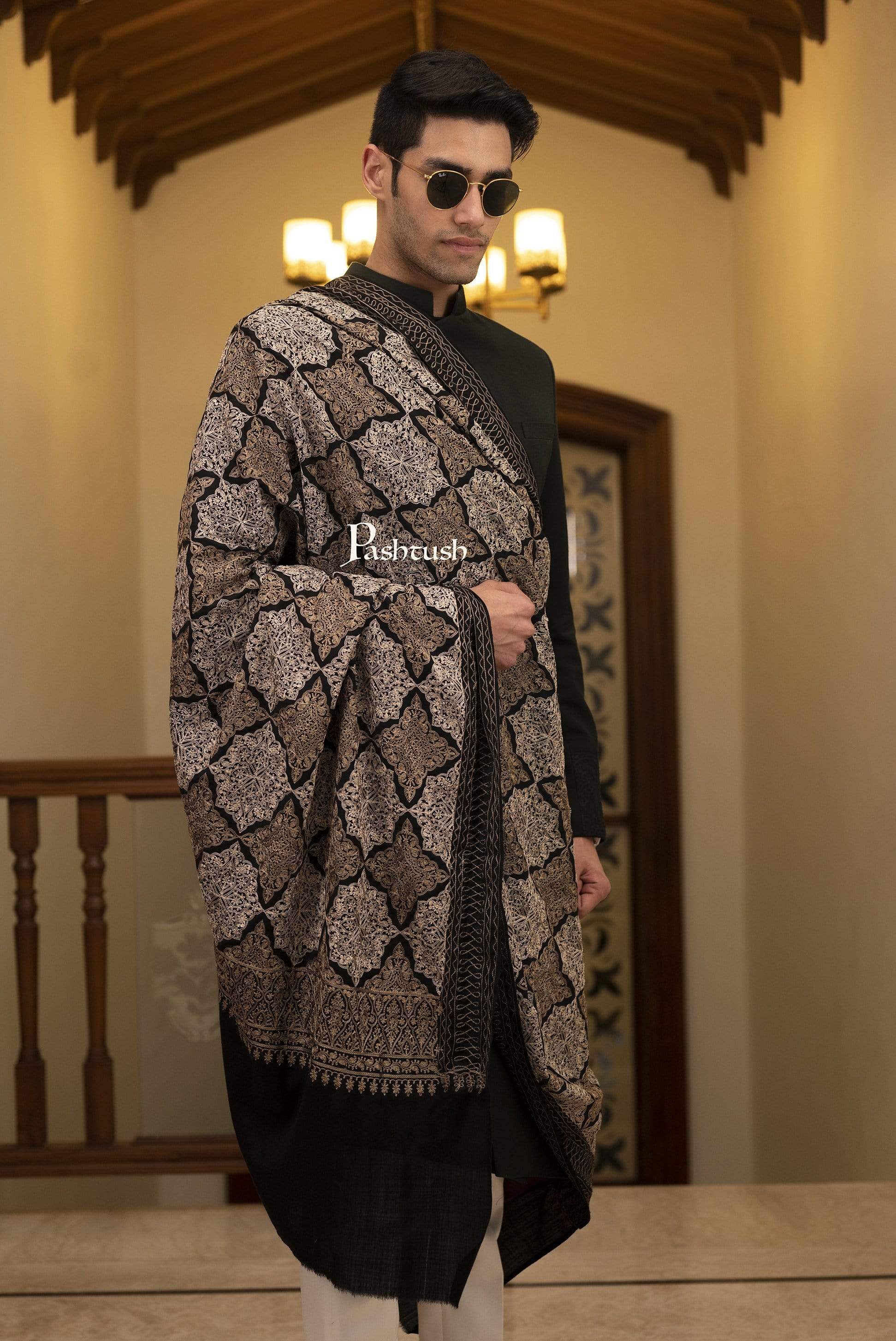 Pashtush Mens Embroidery Shawl, Light Weight, Fine Wool, Black - Image 4