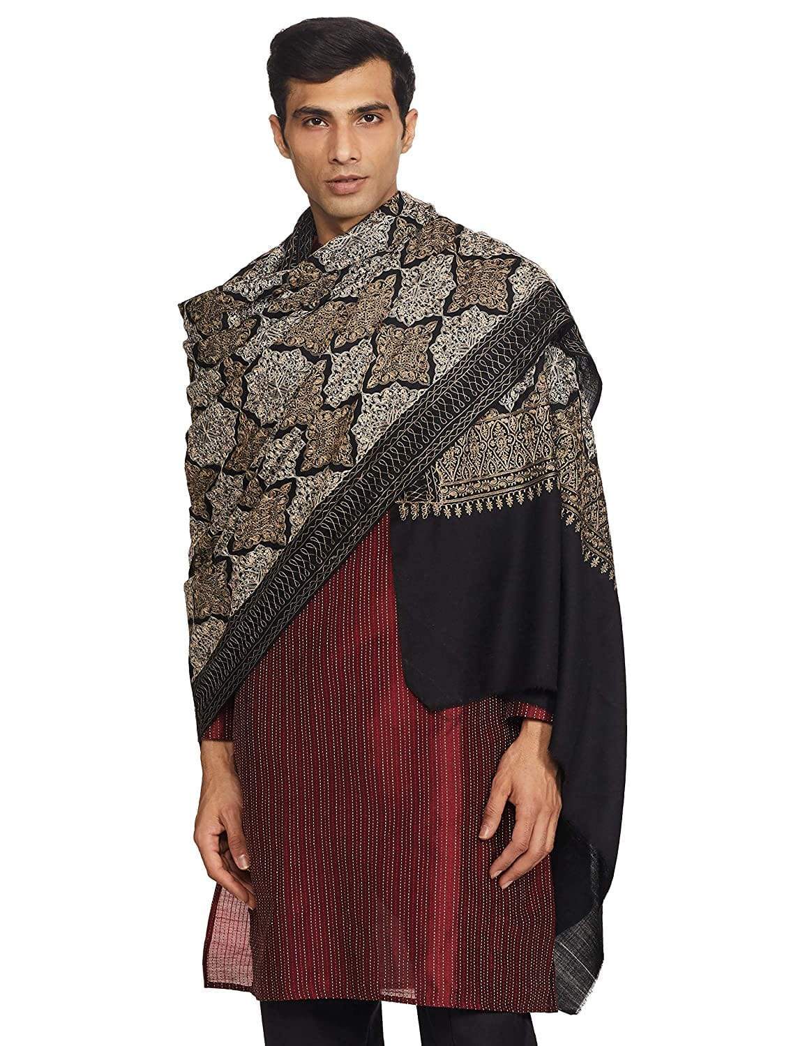 Pashtush Mens Embroidery Shawl, Light Weight, Fine Wool, Black - Image 6