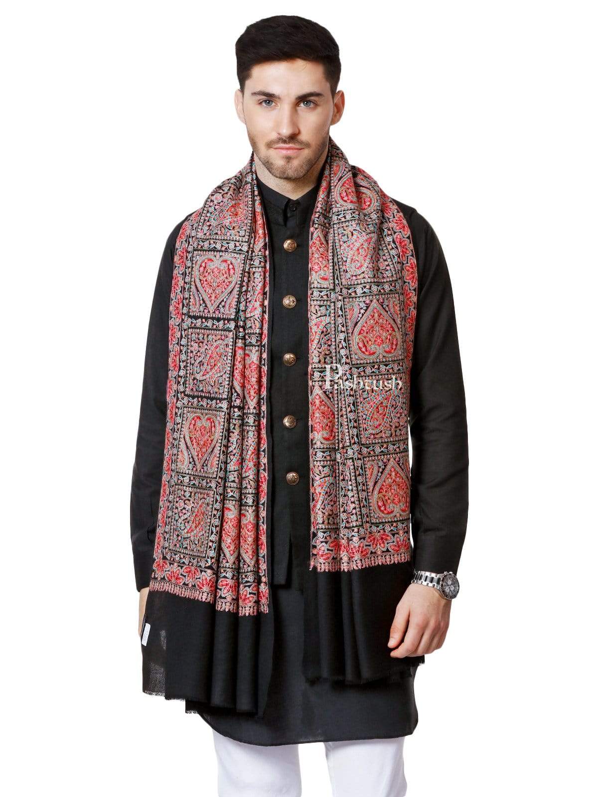 Pashtush Mens Embroidery Pure Stole, Fineembroidery, Intricate Needlework, Black - Image 2