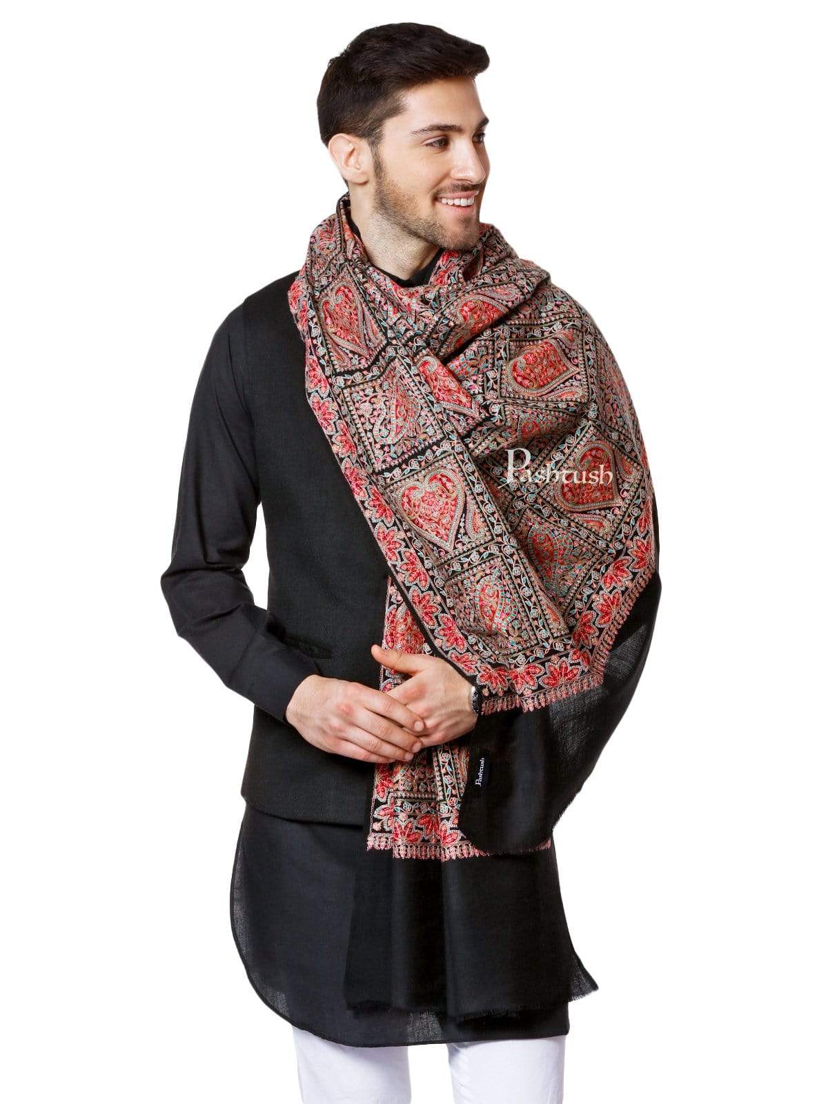Pashtush Mens Embroidery Pure Stole, Fineembroidery, Intricate Needlework, Black - Image 3