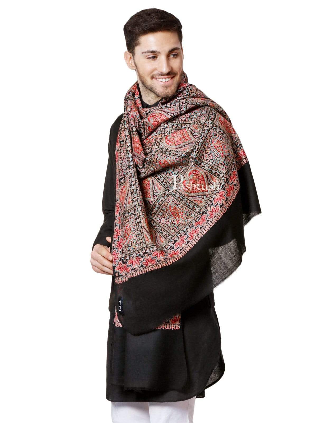 Pashtush Mens Embroidery Pure Stole, Fineembroidery, Intricate Needlework, Black - Image 4
