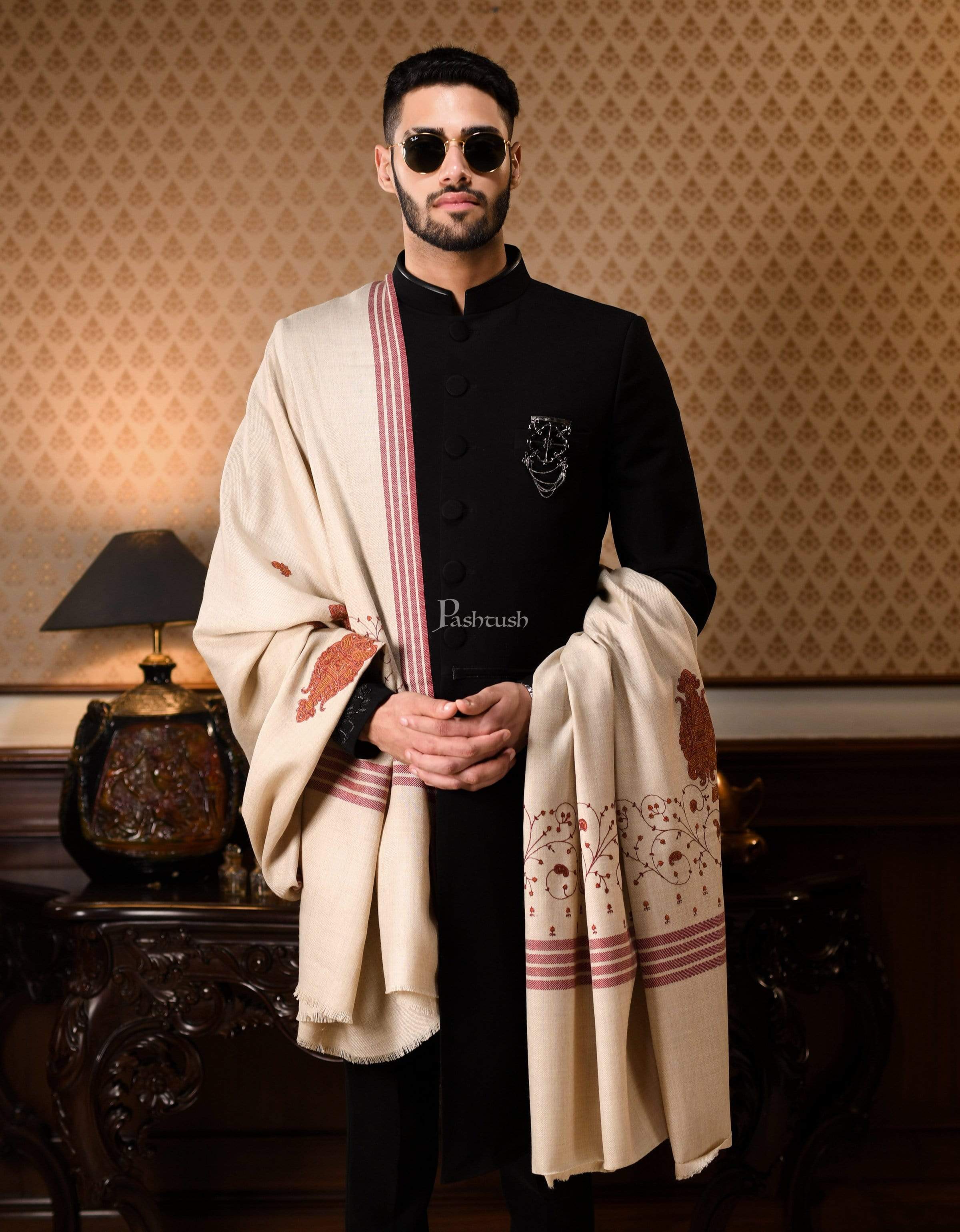 Pashtush Mens Embroidery Shawl, Woollen, Beige
