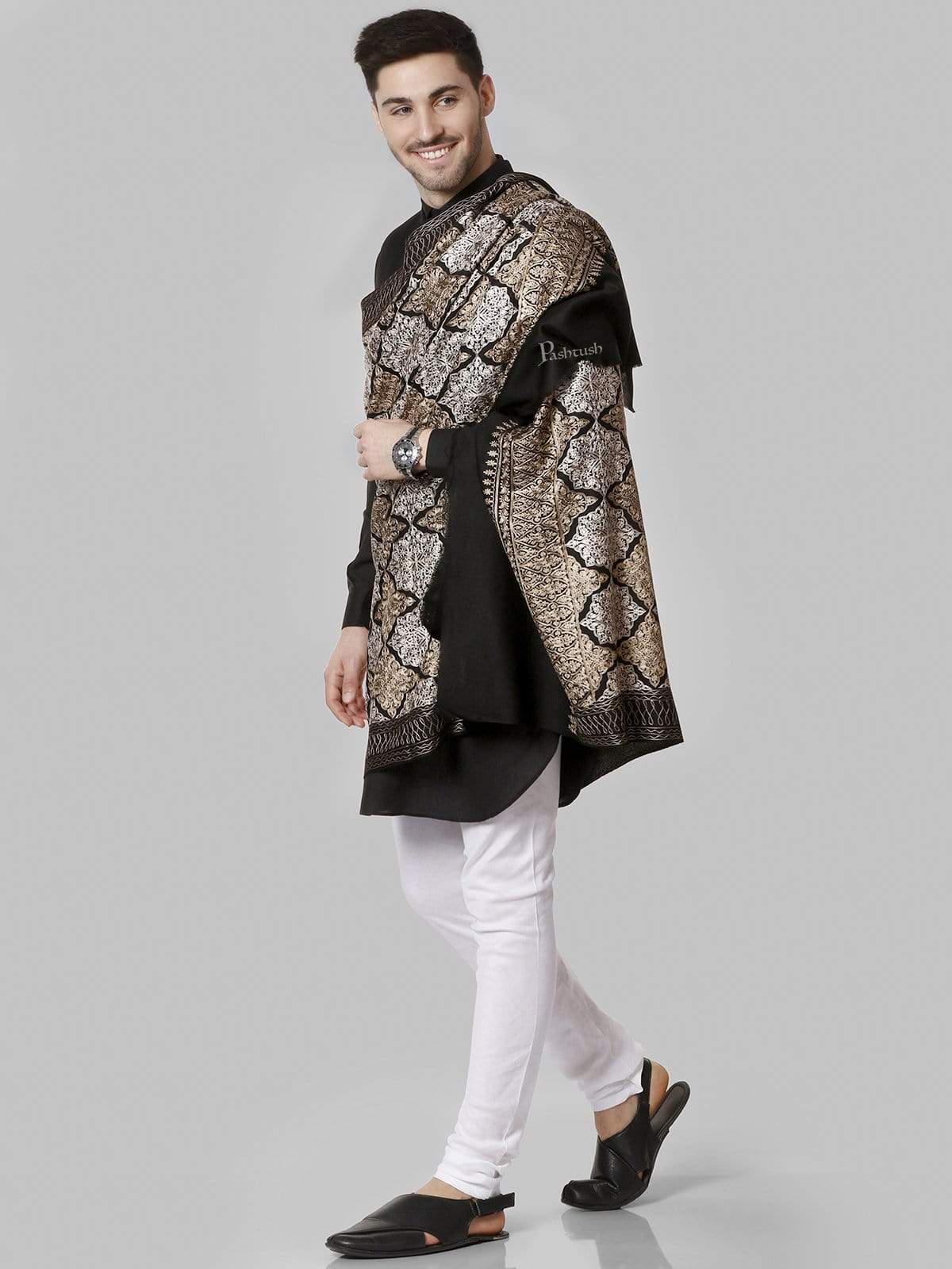Pashtush Mens Embroidery Shawl, Light Weight, Fine Wool, Black - Image 2
