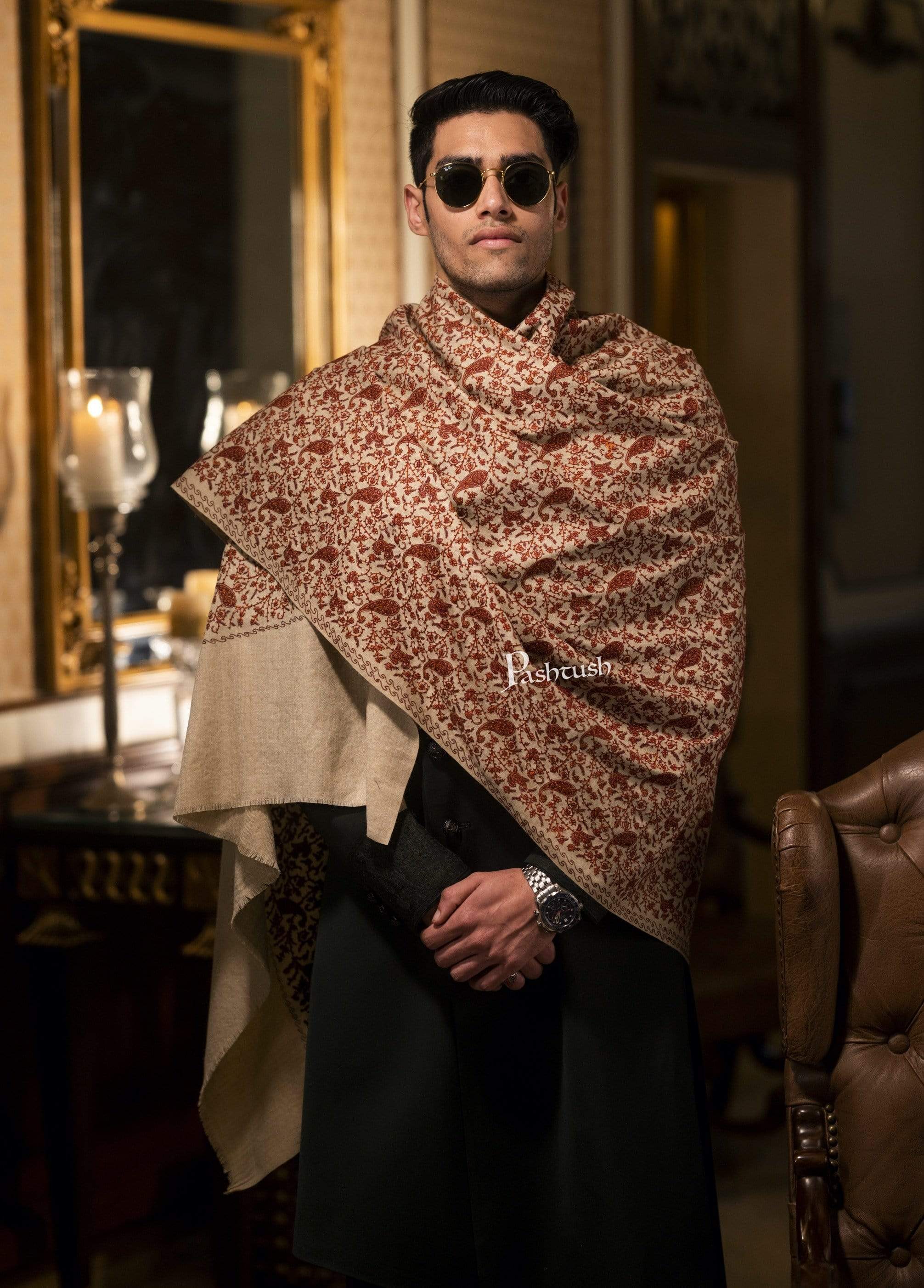 Pashtush Mens Embroidery Stole, Beige