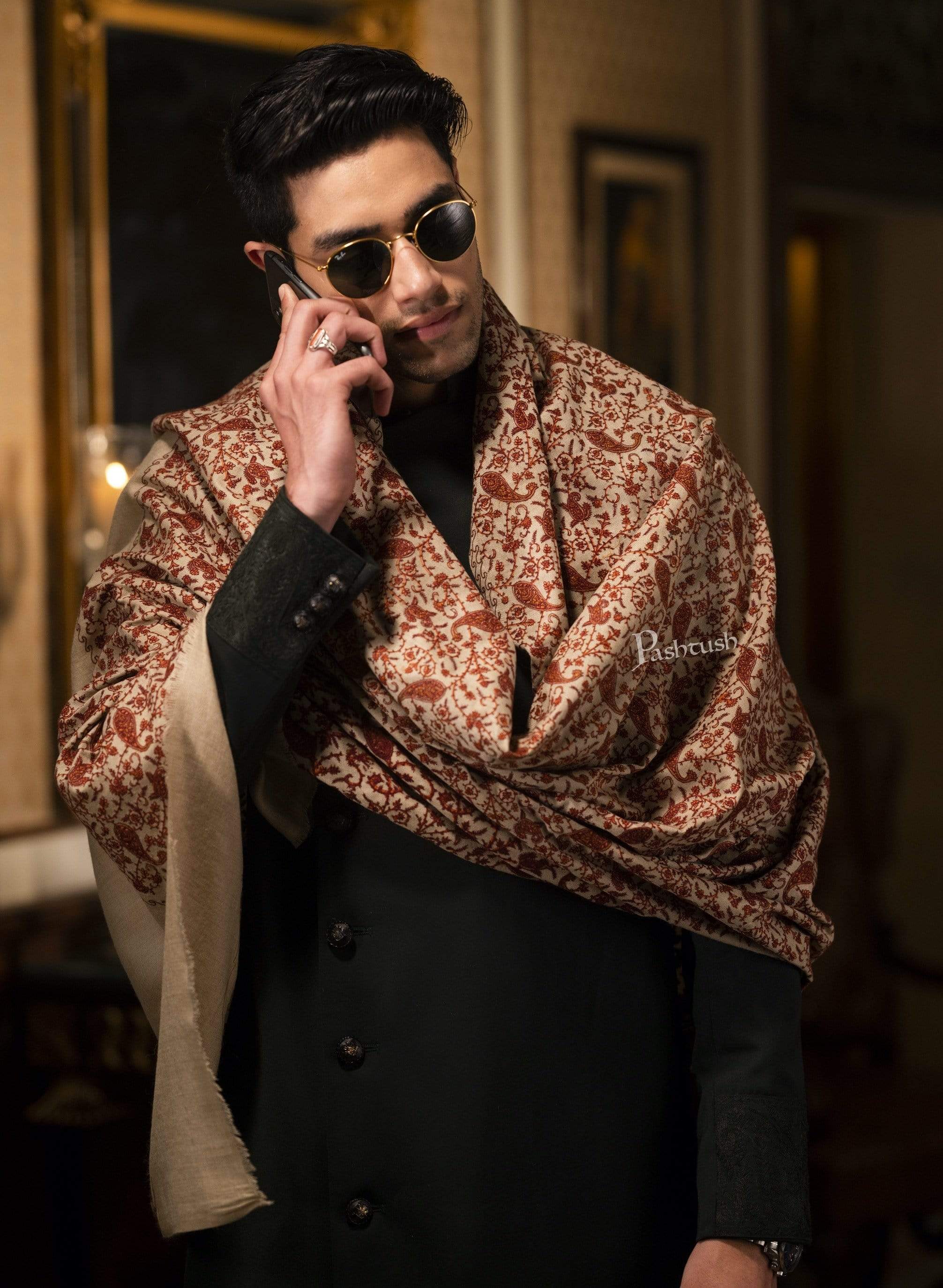 Pashtush Mens Embroidery Stole, Beige - Image 3