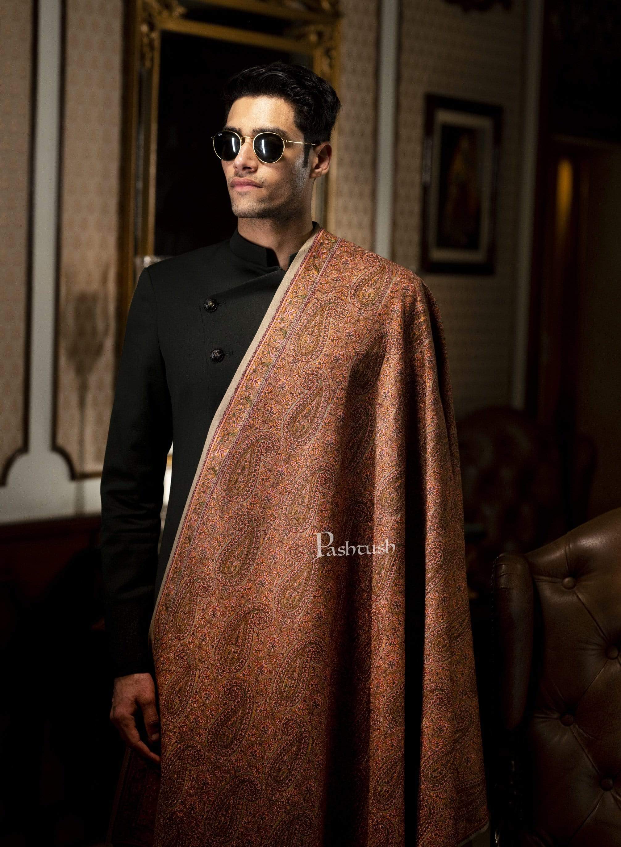 Pashtush Mens Embroidery Stole, Fine Wool, Beige - Image 2