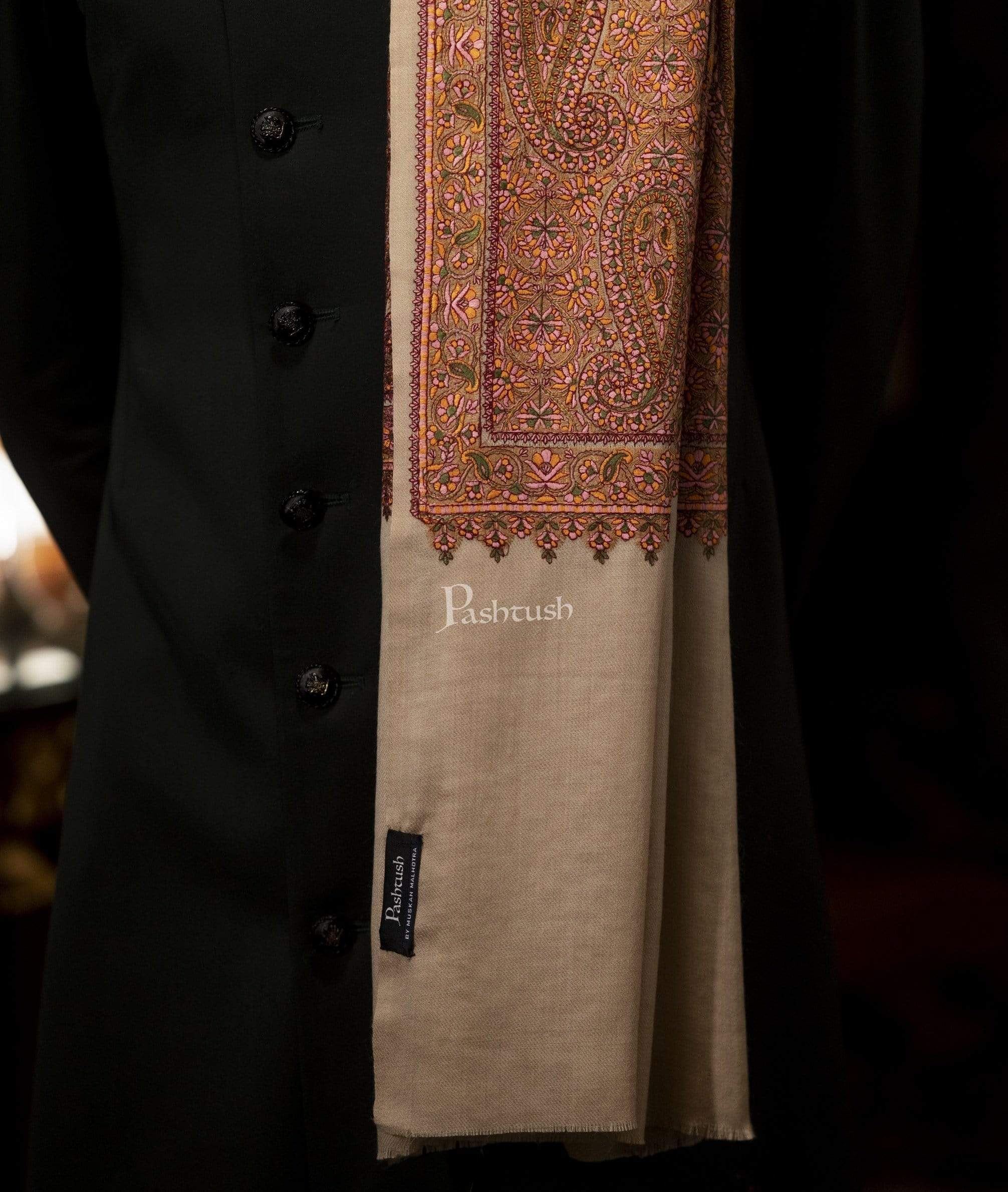 Pashtush Mens Embroidery Stole, Fine Wool, Beige - Image 4