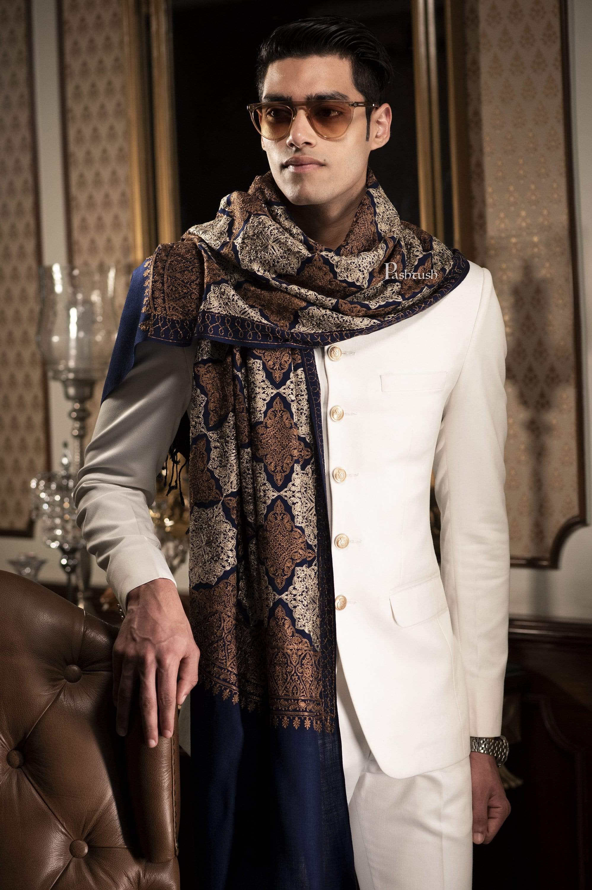 Pashtush Mens Embroidery Stole, Light Weight, Fine Wool, Navy Blue - Image 2