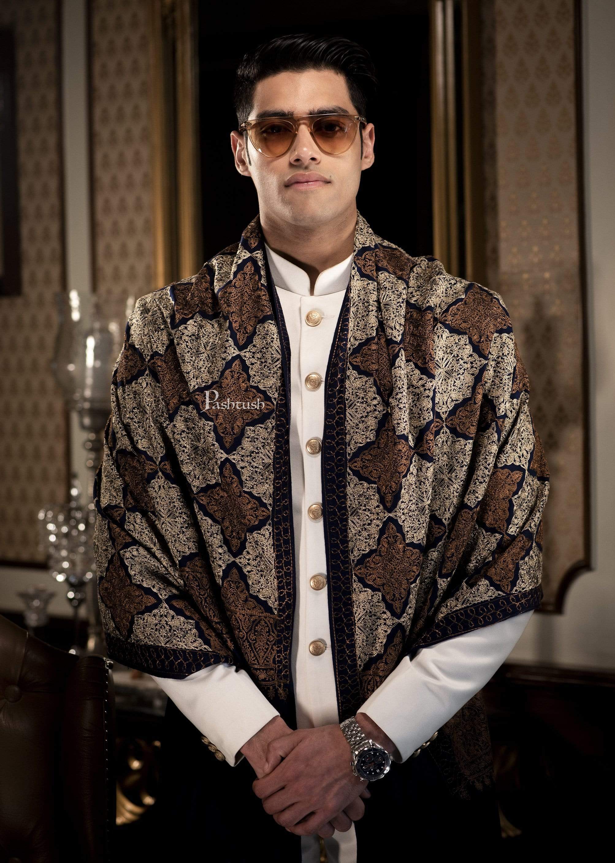 Pashtush Mens Embroidery Stole, Light Weight, Fine Wool, Navy Blue - Image 3