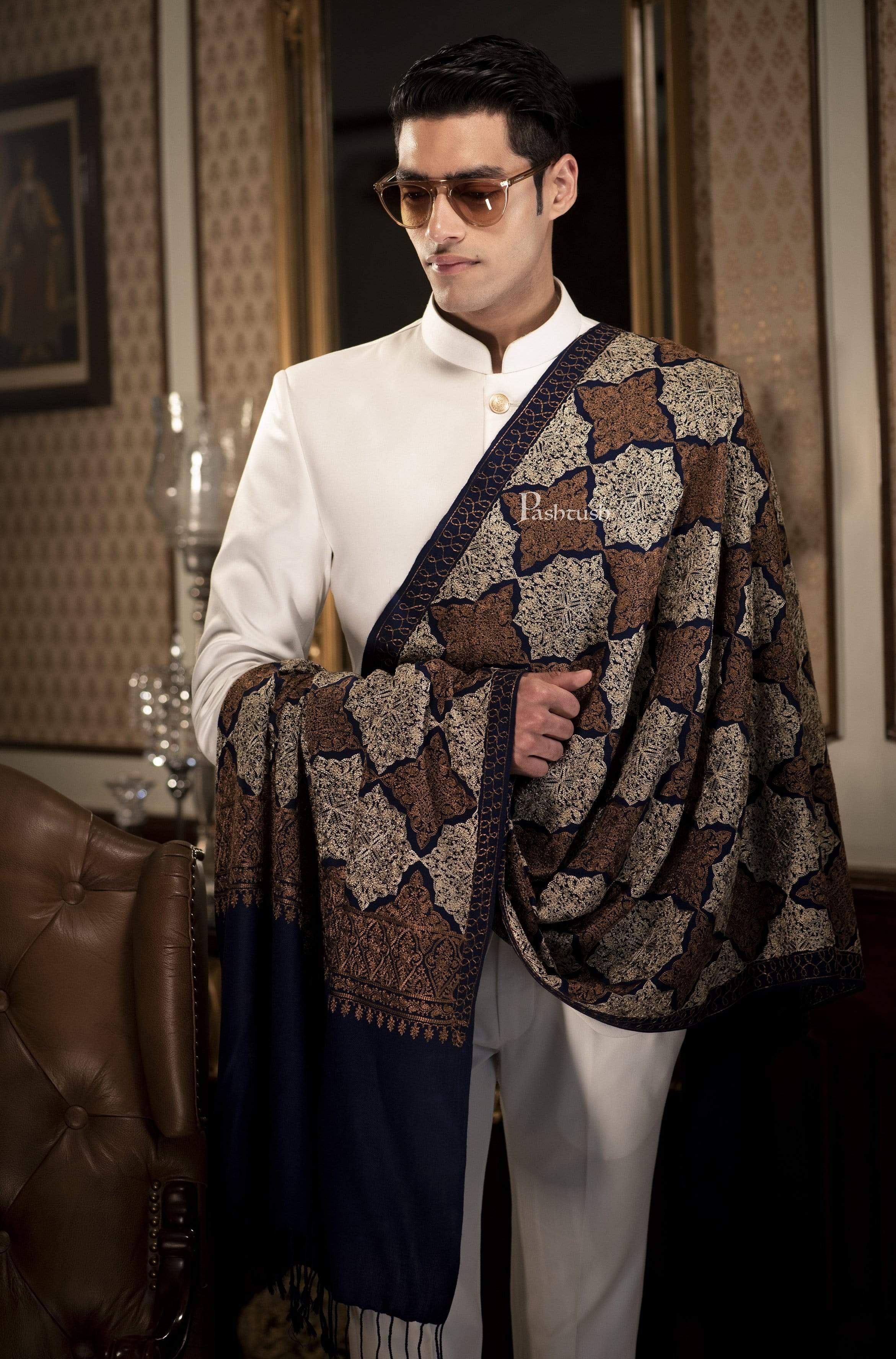 Pashtush Mens Embroidery Stole, Light Weight, Fine Wool, Navy Blue - Image 4