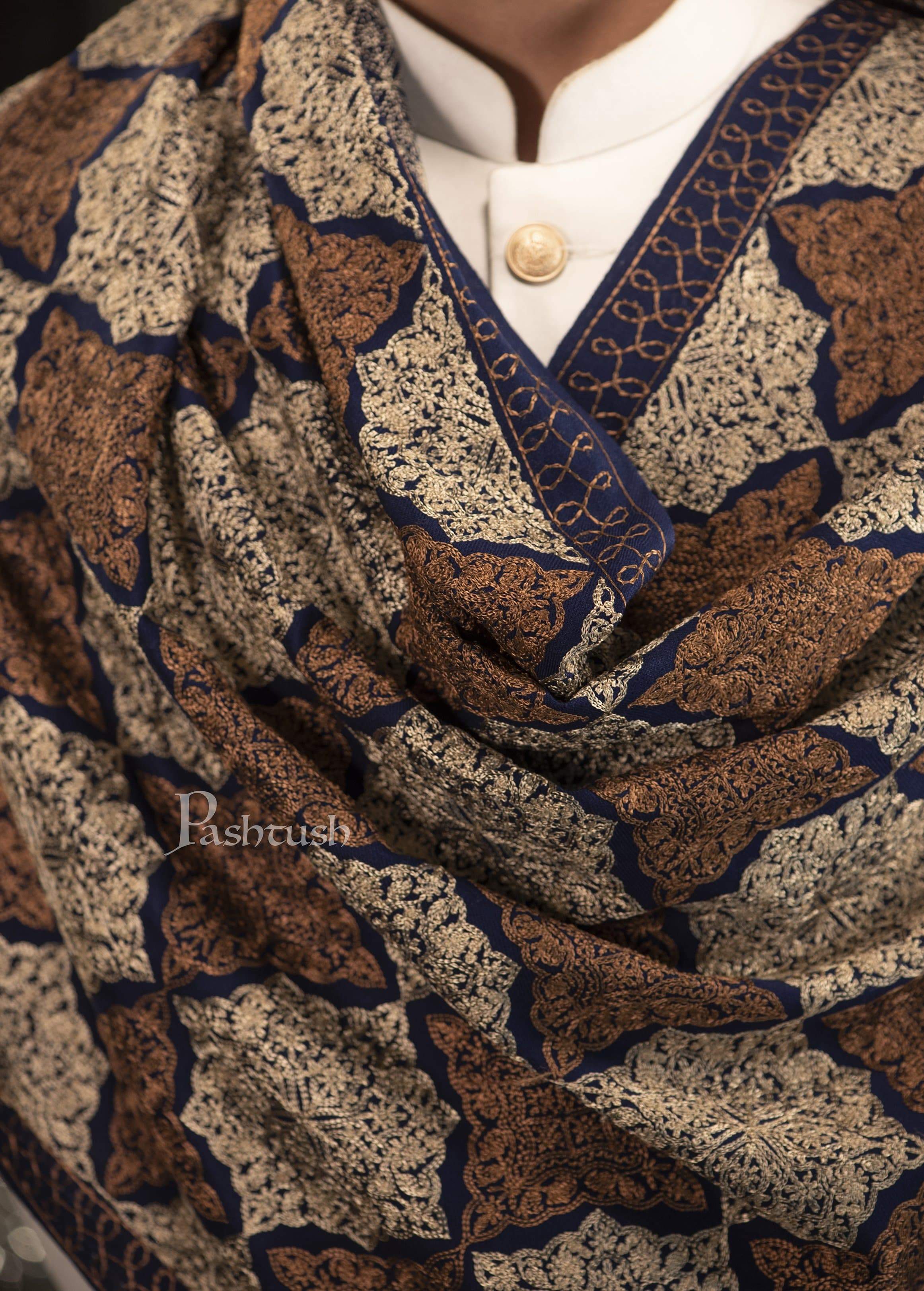 Pashtush Mens Embroidery Stole, Light Weight, Fine Wool, Navy Blue - Image 9