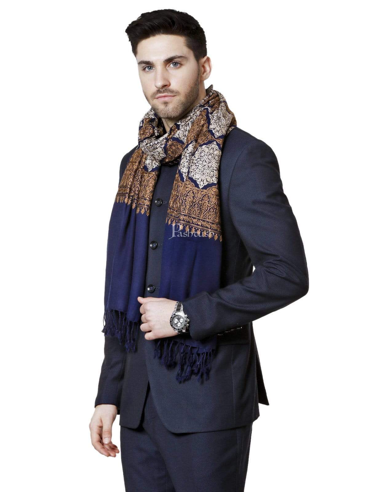 Pashtush Mens Embroidery Stole, Light Weight, Fine Wool, Navy Blue - Image 4