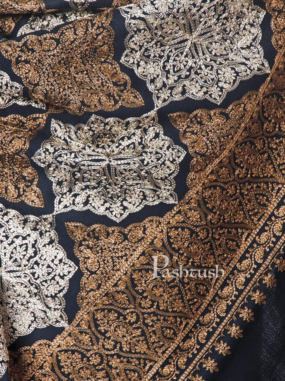 Pashtush Mens Embroidery Stole, Light Weight, Fine Wool, Navy Blue - Image 5