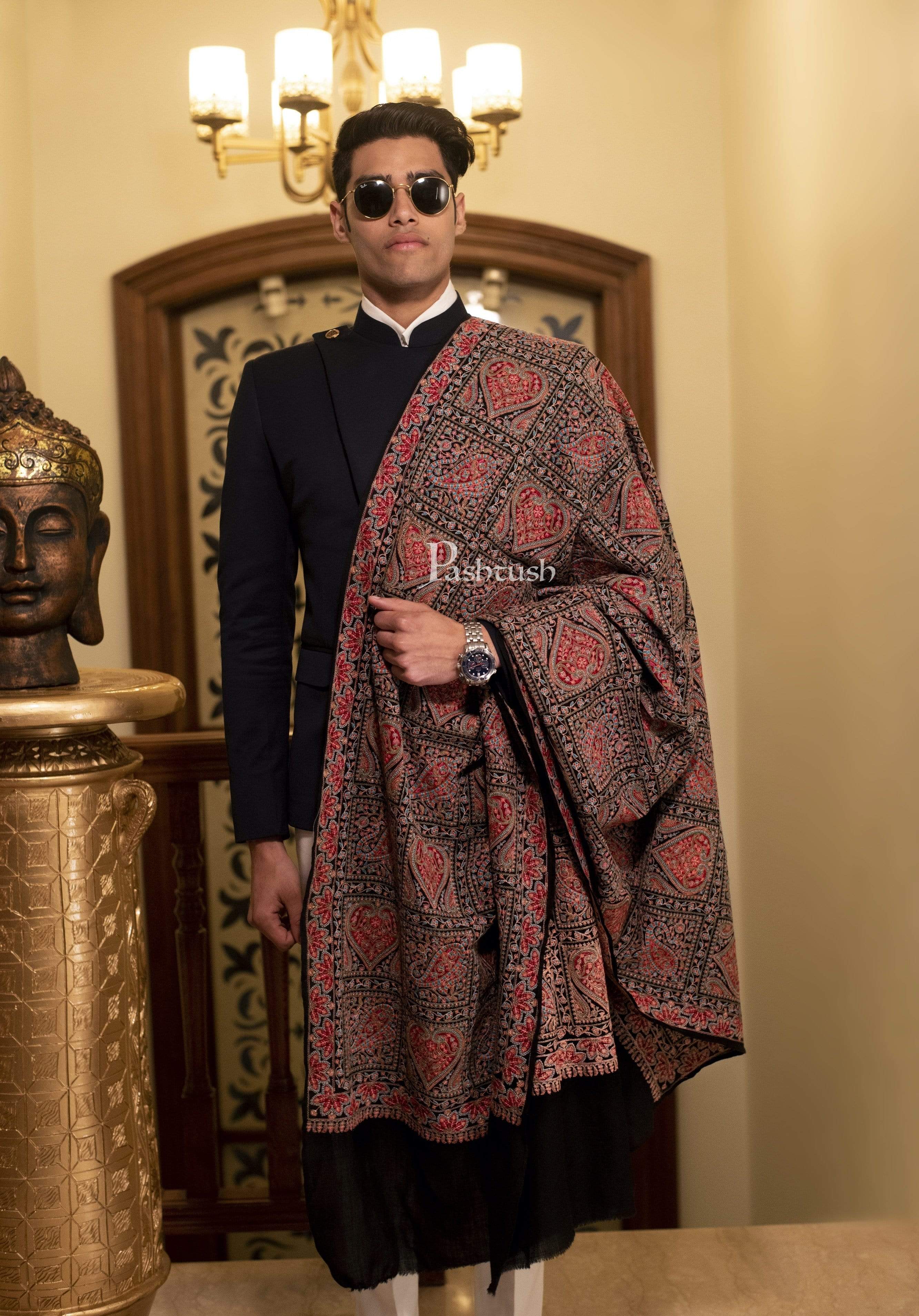 Pashtush Mens Embroidery Pure Stole, Fineembroidery, Intricate Needlework, Black, With Woolmark - Image 3