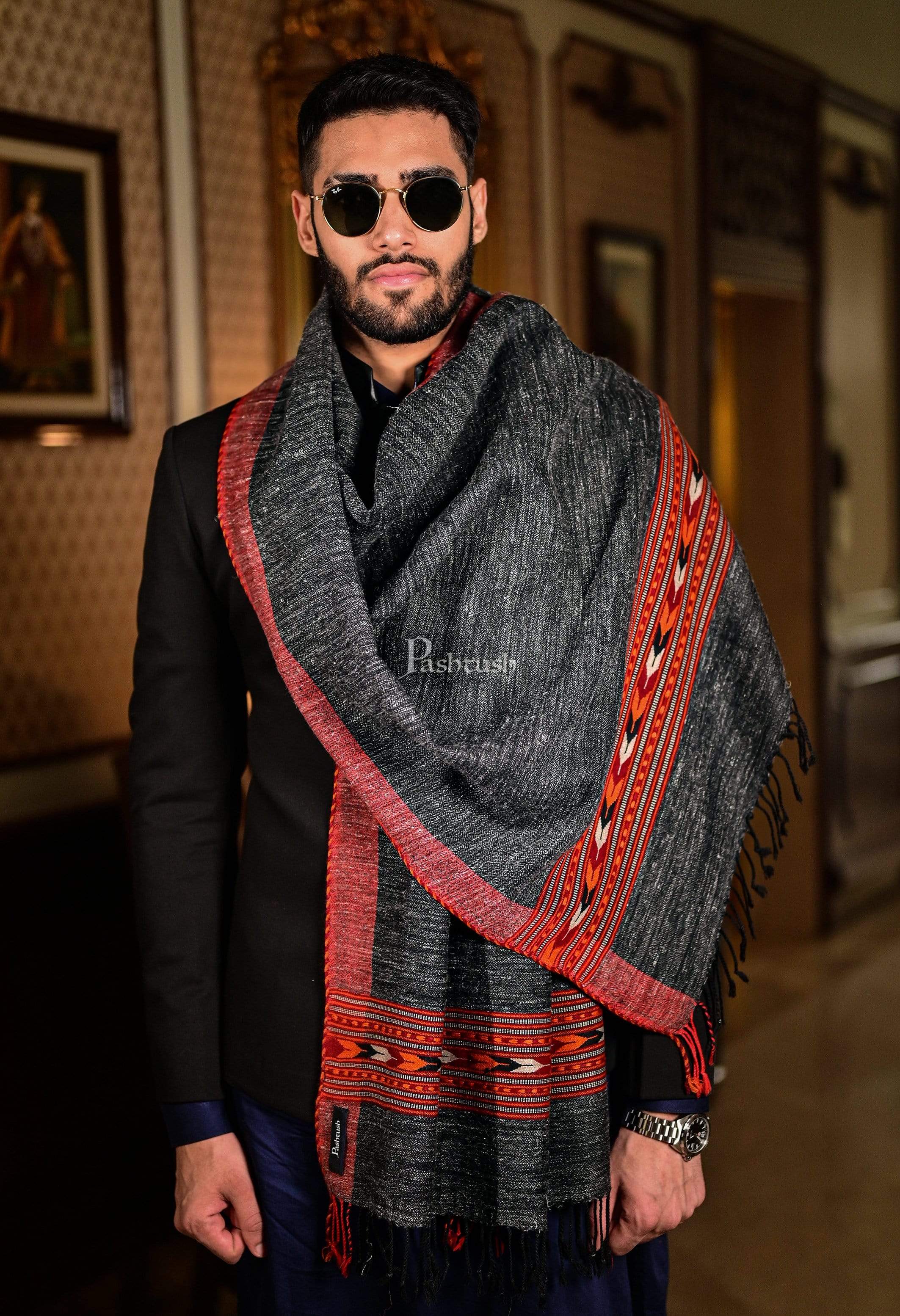 Pashtush Mens Aztec Wool, Authentic 100% Handwoven Stole, Extra Warm, Grey - Image 4