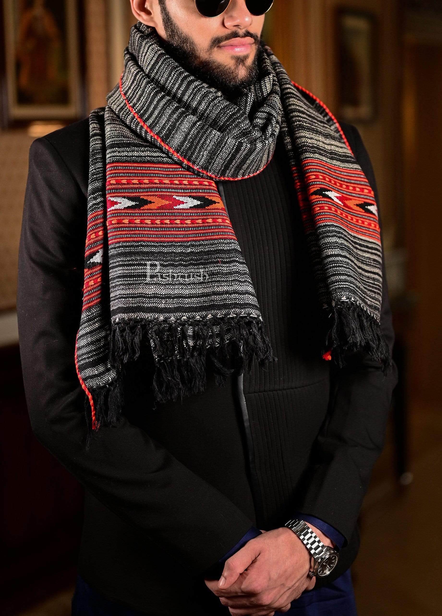 Pashtush Mens Aztec Wool, Authentic 100% Handwoven Stole, Extra Warm, Grey - Image 5