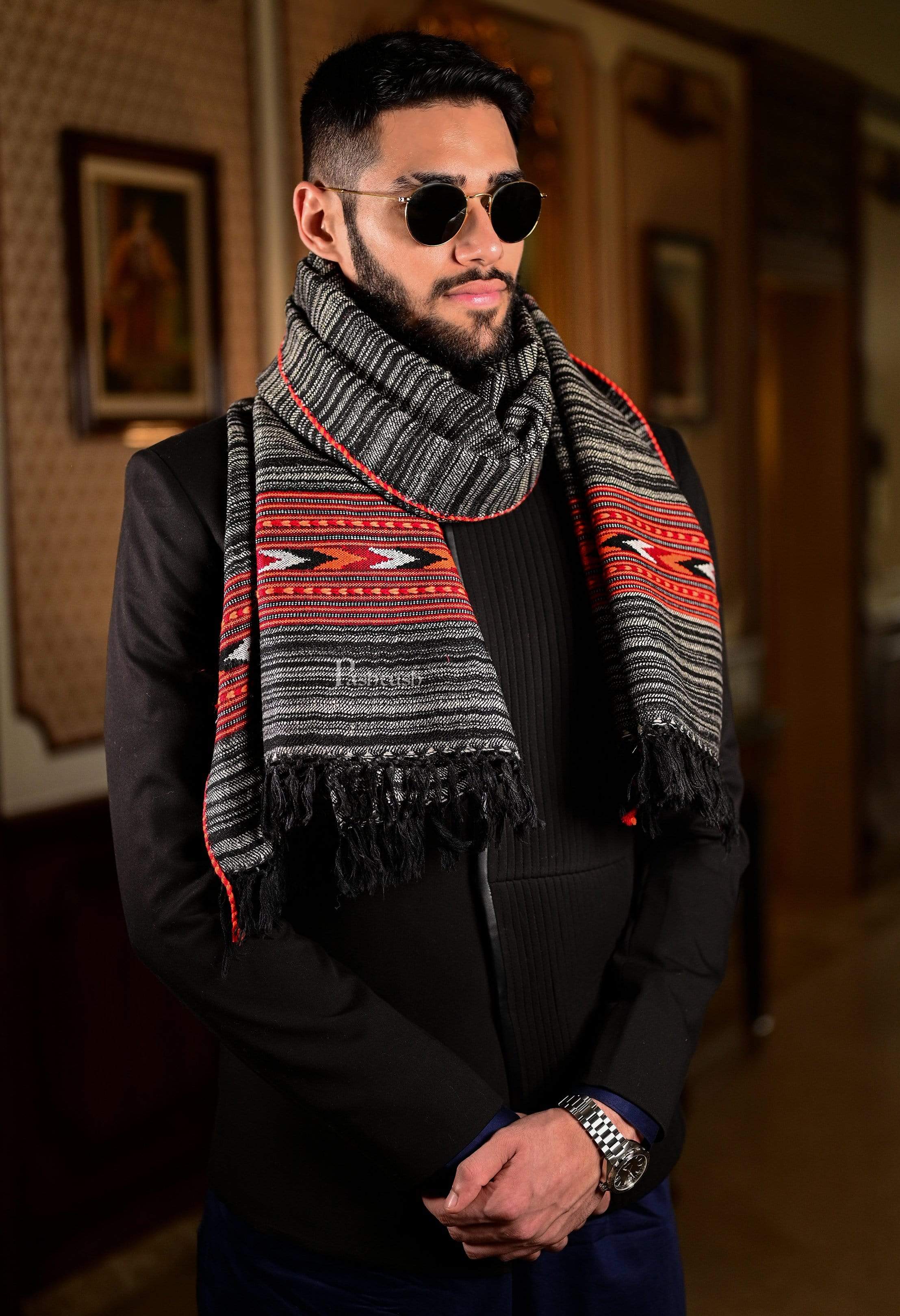 Pashtush Mens Aztec Wool, Authentic 100% Handwoven Stole, Extra Warm, Grey - Image 6