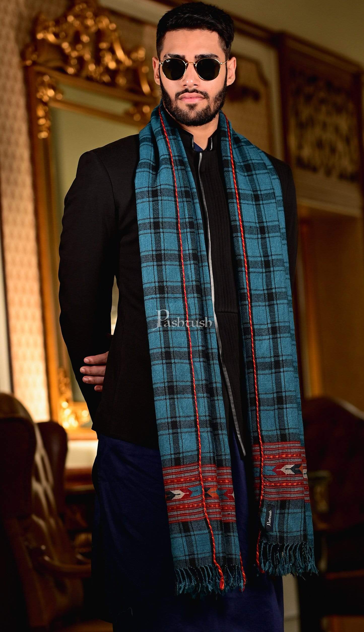Pashtush Mens Aztec Wool, Authentic 100% Handwoven Stole, Extra Warm, Blue - Image 3