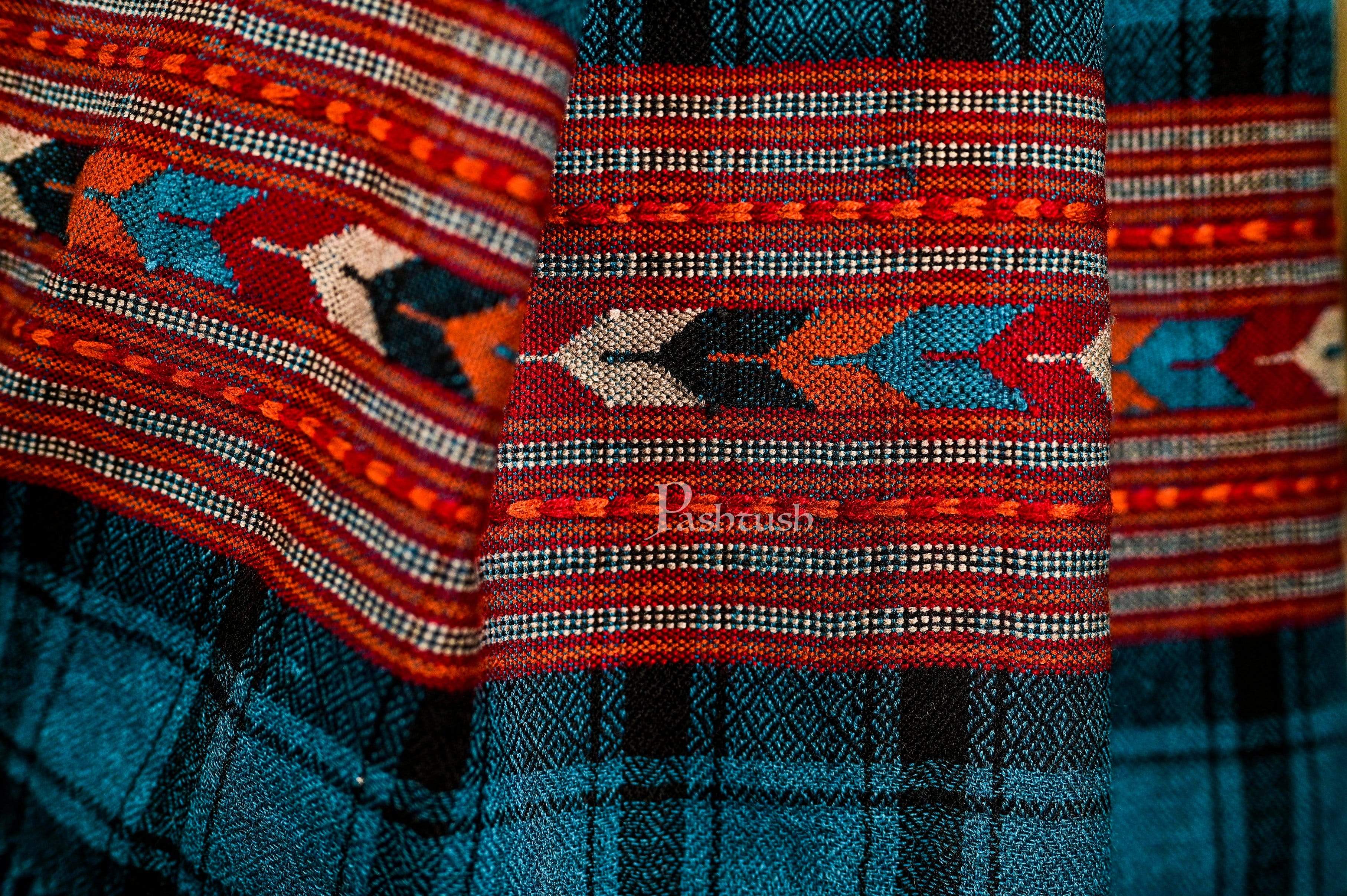 Pashtush Mens Aztec Wool, Authentic 100% Handwoven Stole, Extra Warm, Blue - Image 4