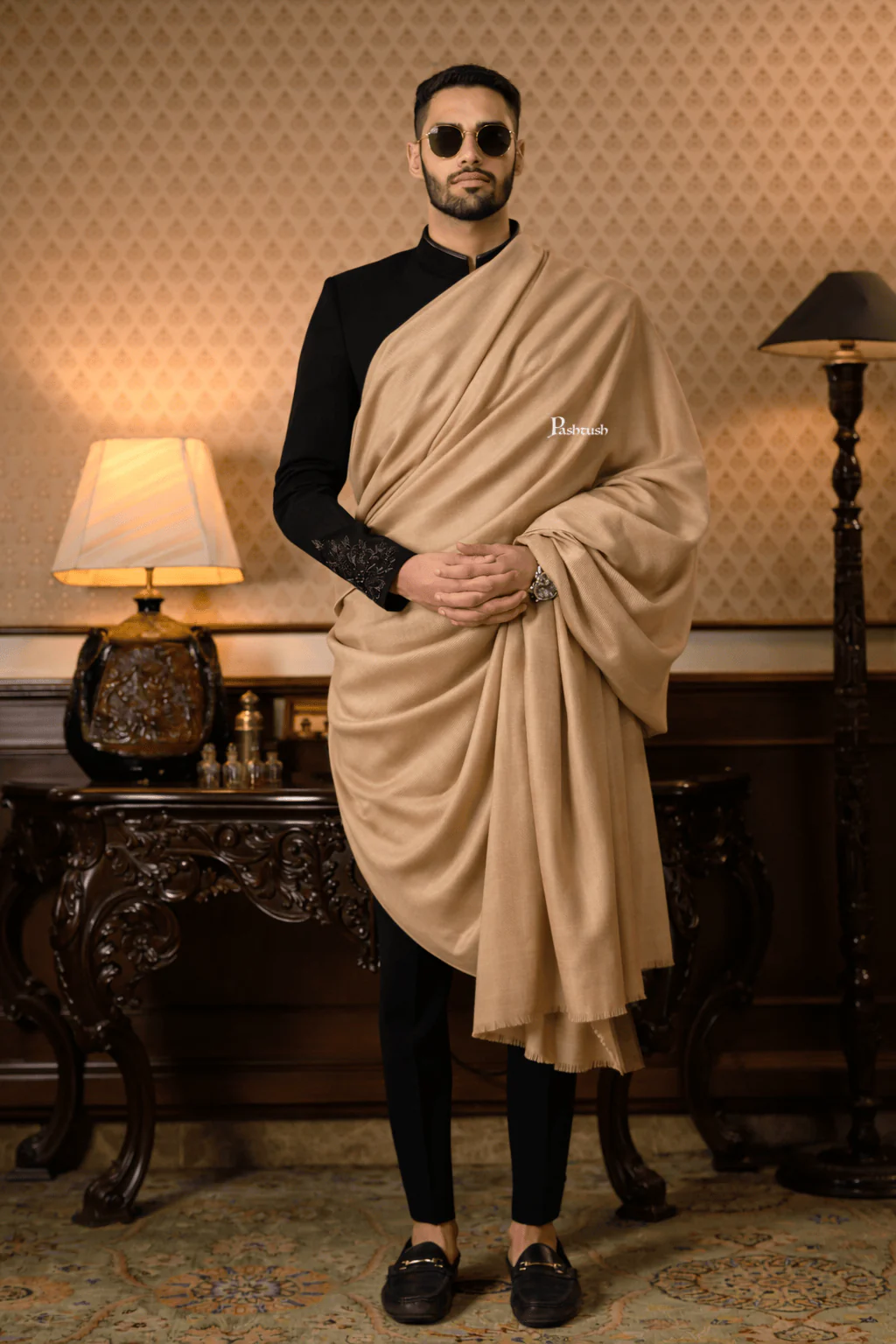 Pashtush Mens Ladakhi Shawl, Beige
