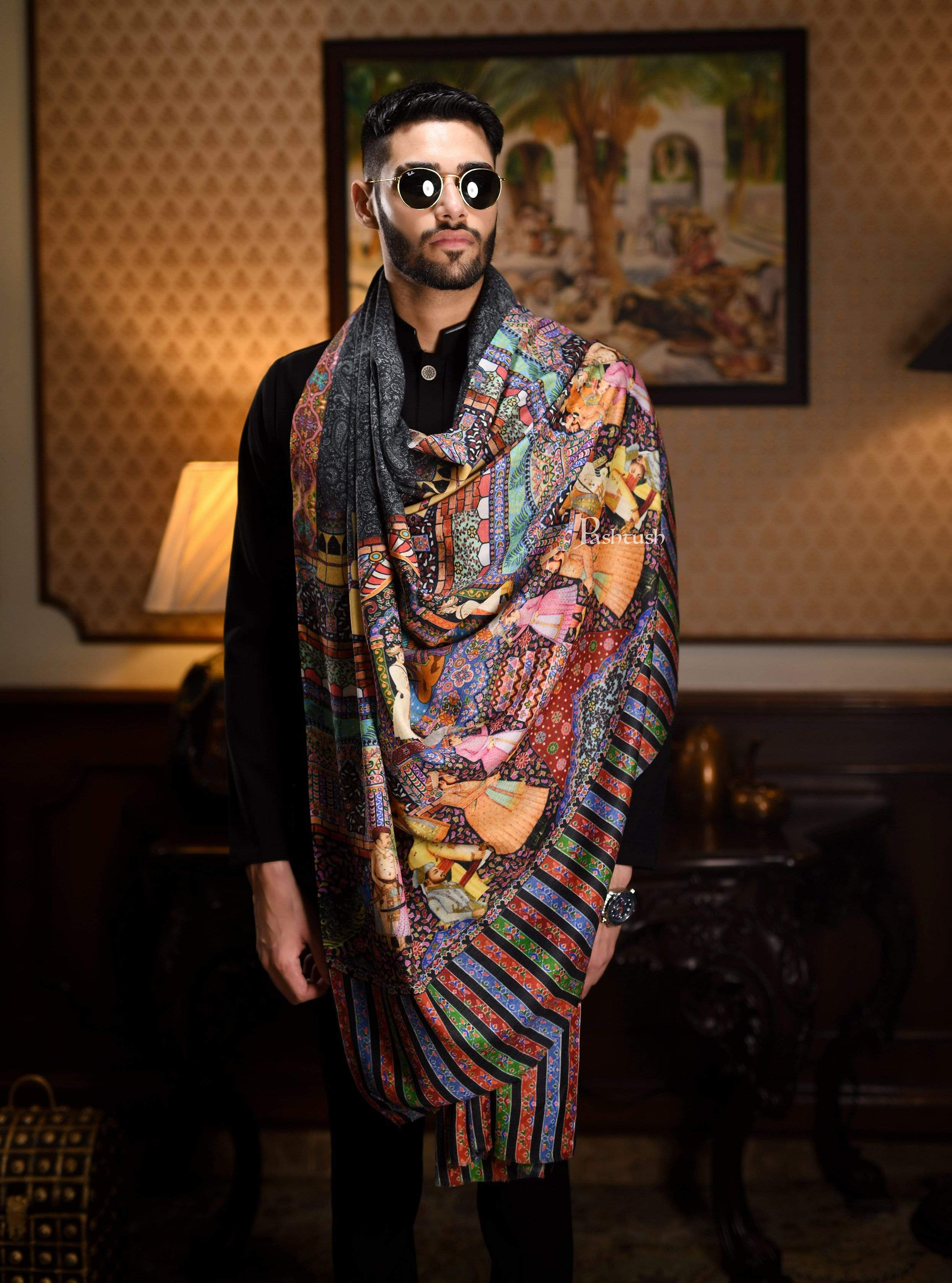 Pashtush Mens Mughal Darbar Printed Stole, 100% Pure, Woolmark Certified Black
