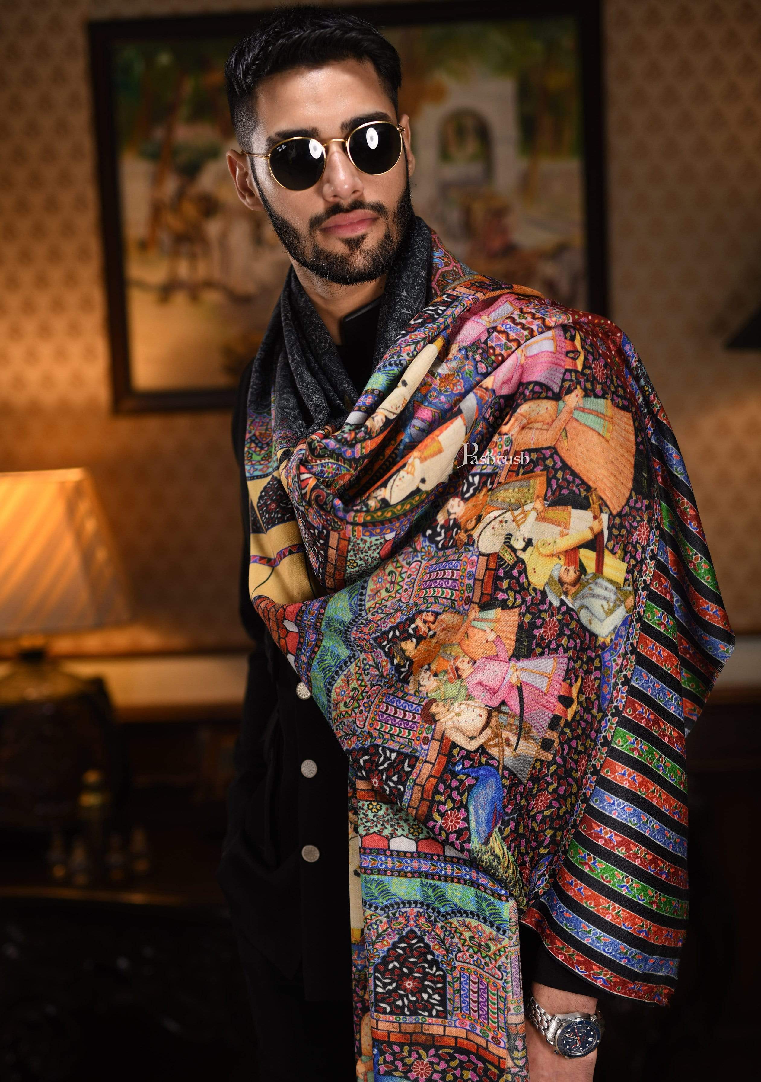 Pashtush Mens Mughal Darbar Printed Stole, 100% Pure, Woolmark Certified Black - Image 10