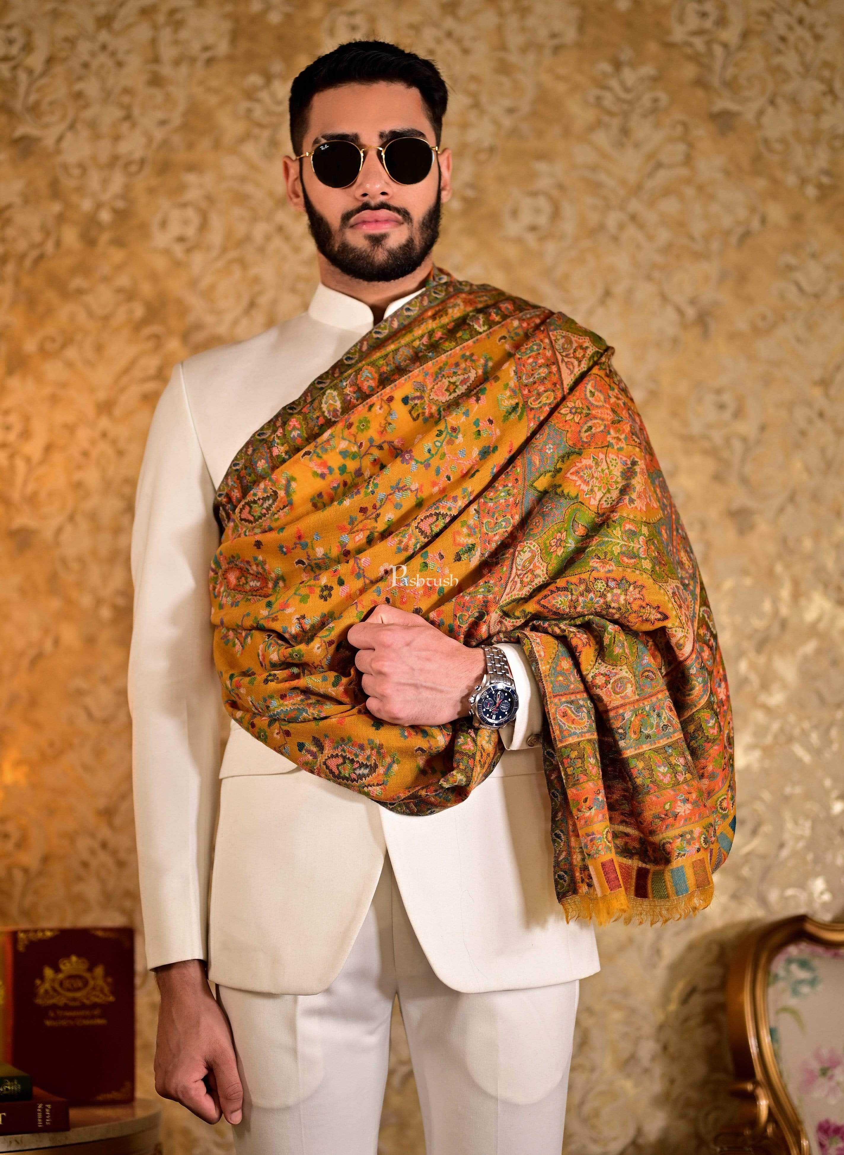 Pashtush Mens Multi-Coloured 100% Pure Wool Woven Design stole Woolmark Certification