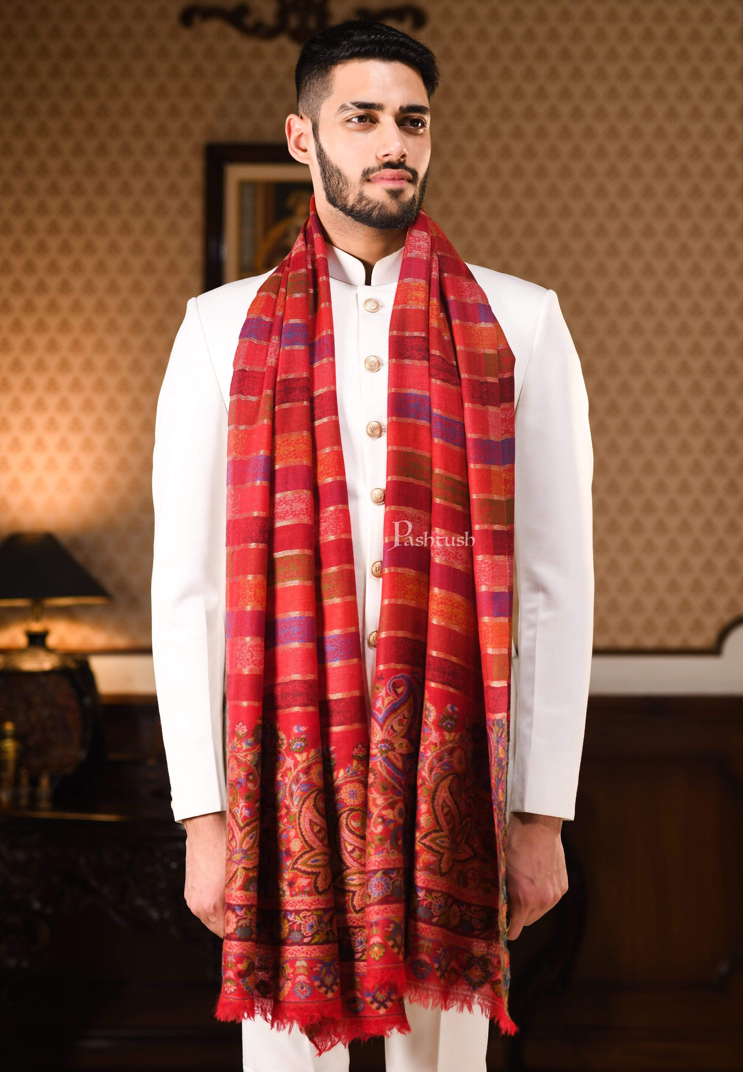 Pashtush Mens Pure Wool Striped Ethnic Stole