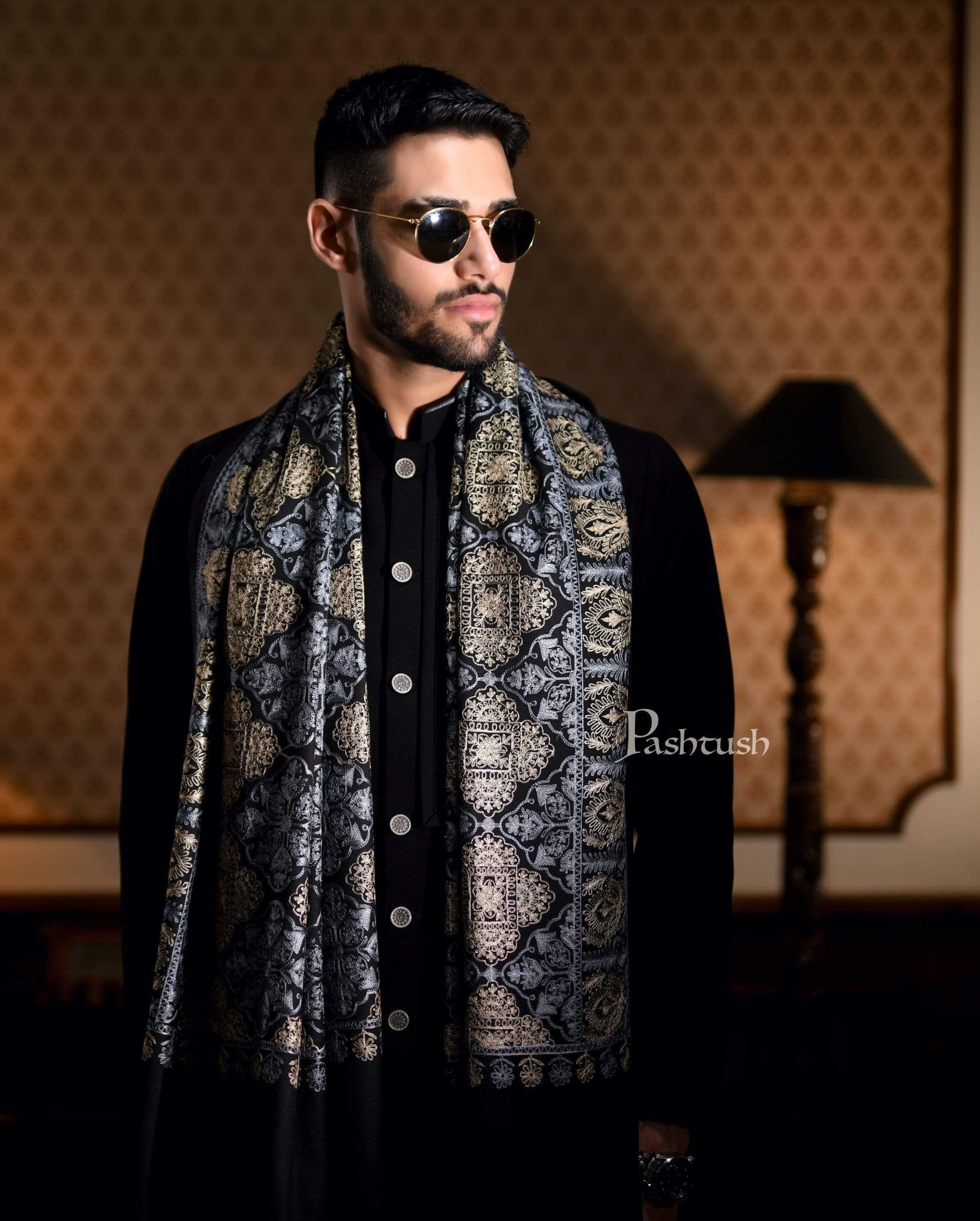 Pashtush Mens Nalki Embroidery Stole, Pure Wool, Woolmark Certified