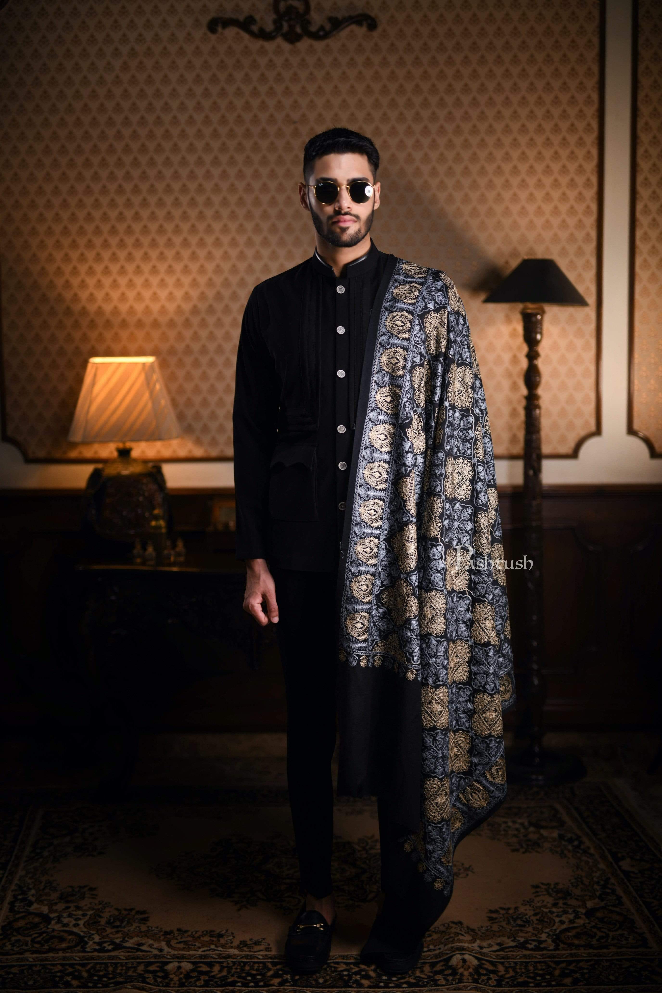 Pashtush Mens Nalki Embroidery Stole, Pure Wool, Woolmark Certified - Image 3